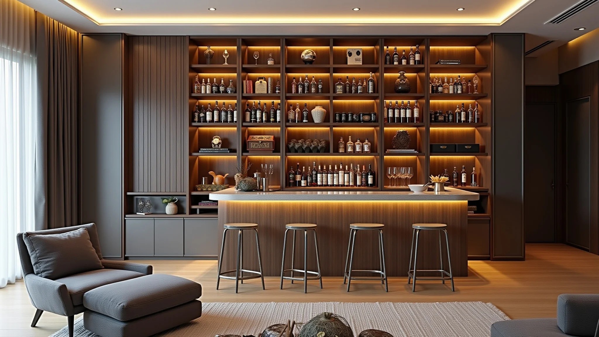 Sala com bar integrado à estante, armazenamento criativo de bebidas e estilo brasileiro.