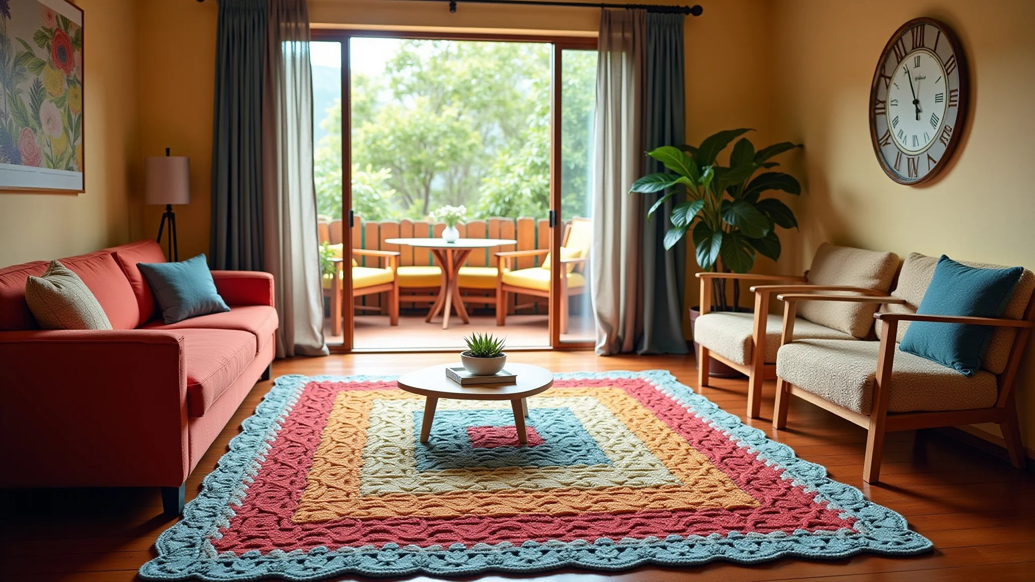 Sala de estar com tapete de crochê quadrado, estilo Farm Rio, cores vibrantes.