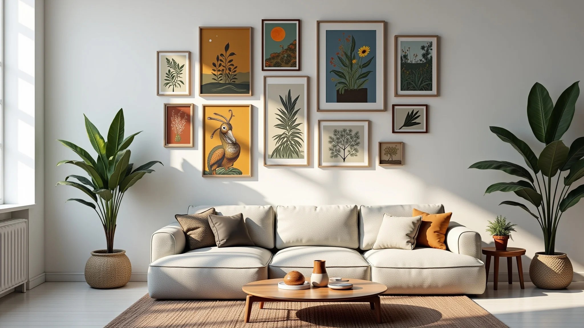 Sala de estar com galeria de quadros coloridos e iluminação natural.