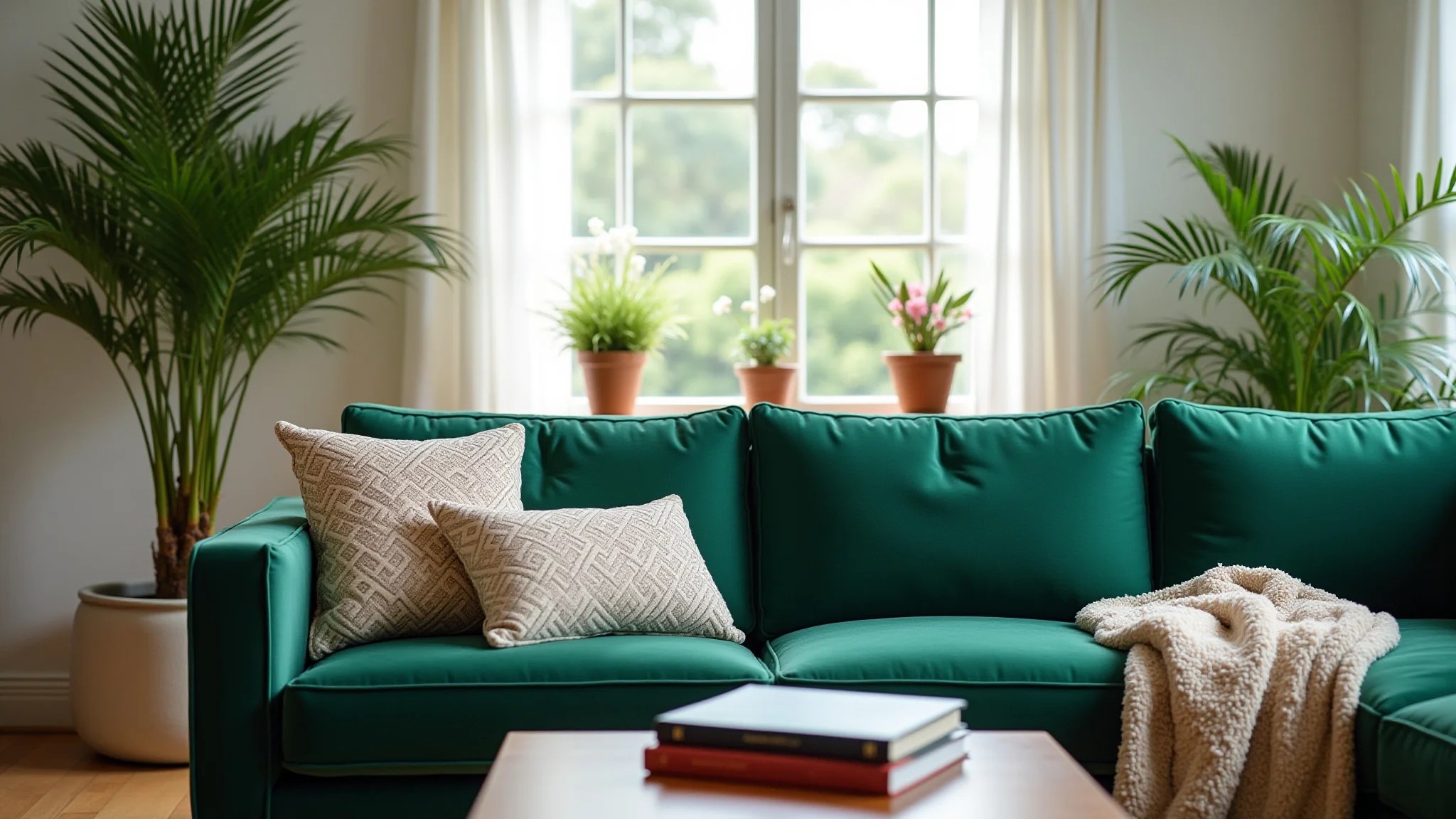 Sala de estar com sofá verde, almofadas estampadas e plantas, iluminação natural.