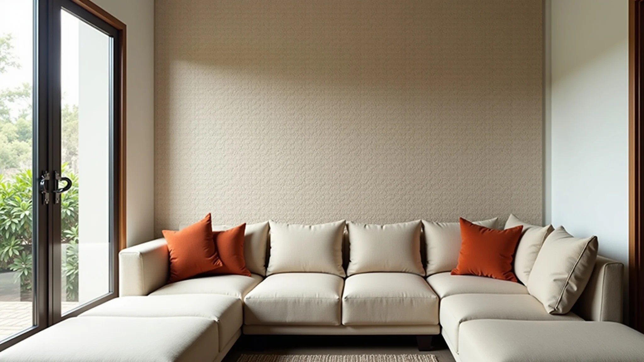 Sala de estar com parede de destaque em azulejo hexagonal, design brasileiro e estilo Farm Rio.