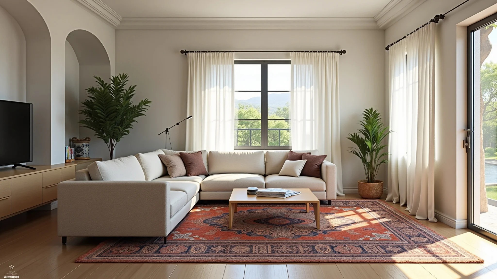 Sala com tapete grande, sofá confortável e mesa de centro com livros.