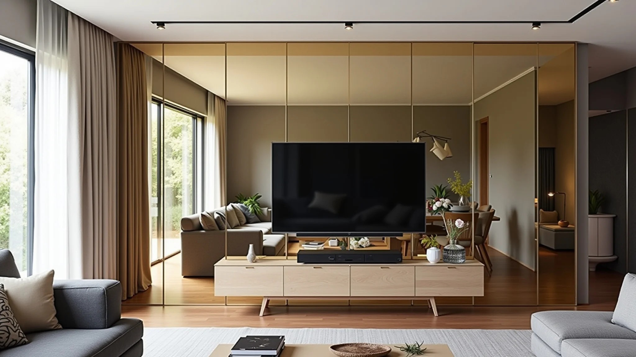 Sala de estar com painel de TV espelhado ampliando o ambiente.