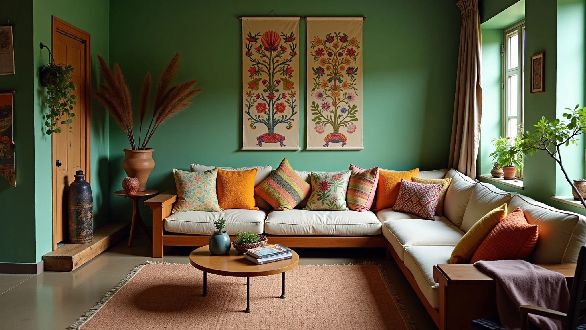 Sala de estar com tons de verde, almofadas coloridas e artesanato brasileiro.