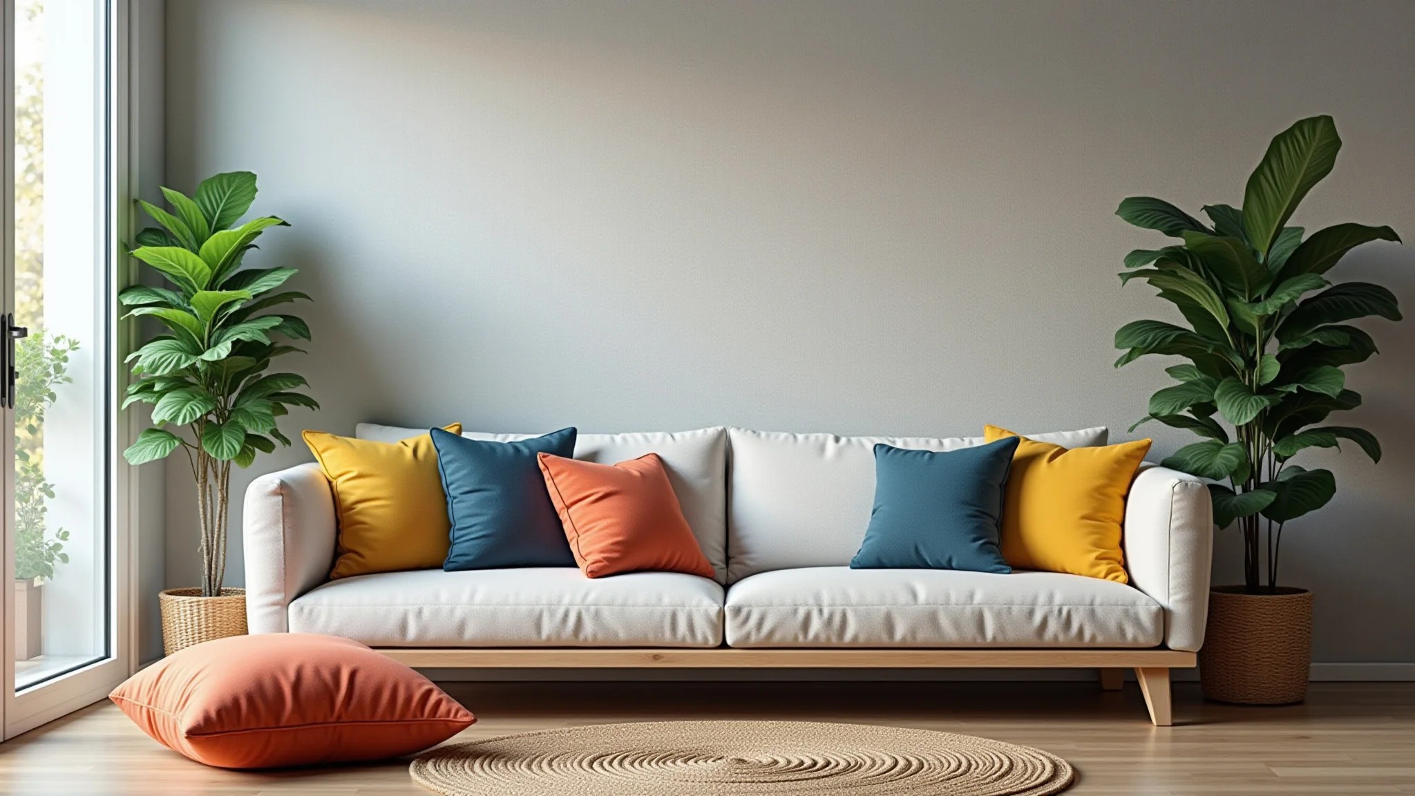 Sala com parede texturizada e decoração barata, plantas e almofadas coloridas.
