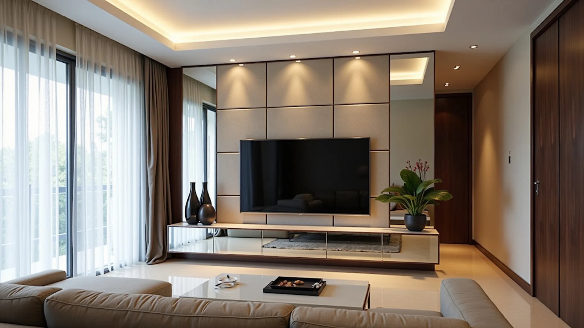 Sala com painel de TV espelhado, ampliando o espaço e refletindo a luz.