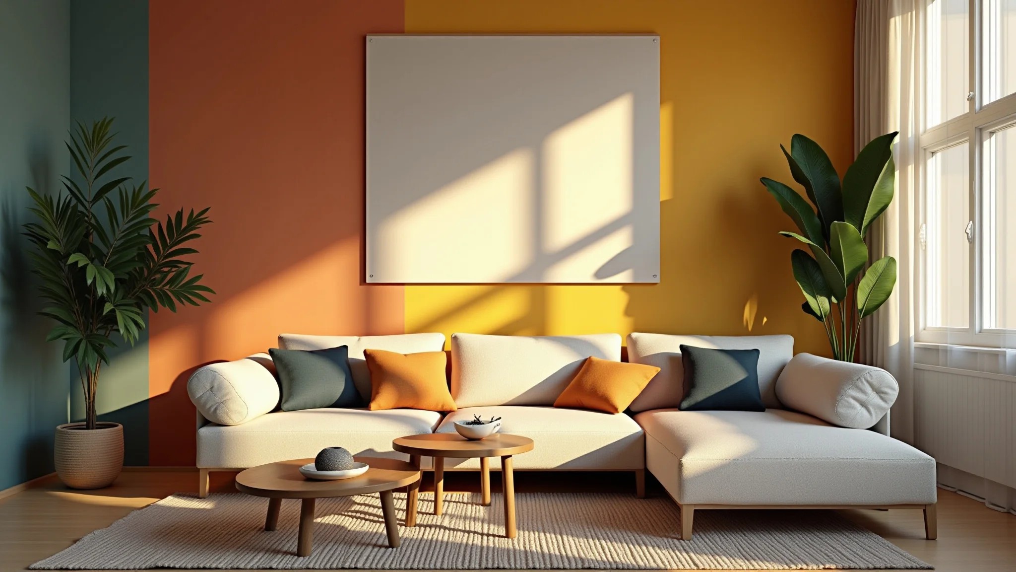 Sala de estar com parede de duas cores, iluminação suave, design brasileiro e plantas.