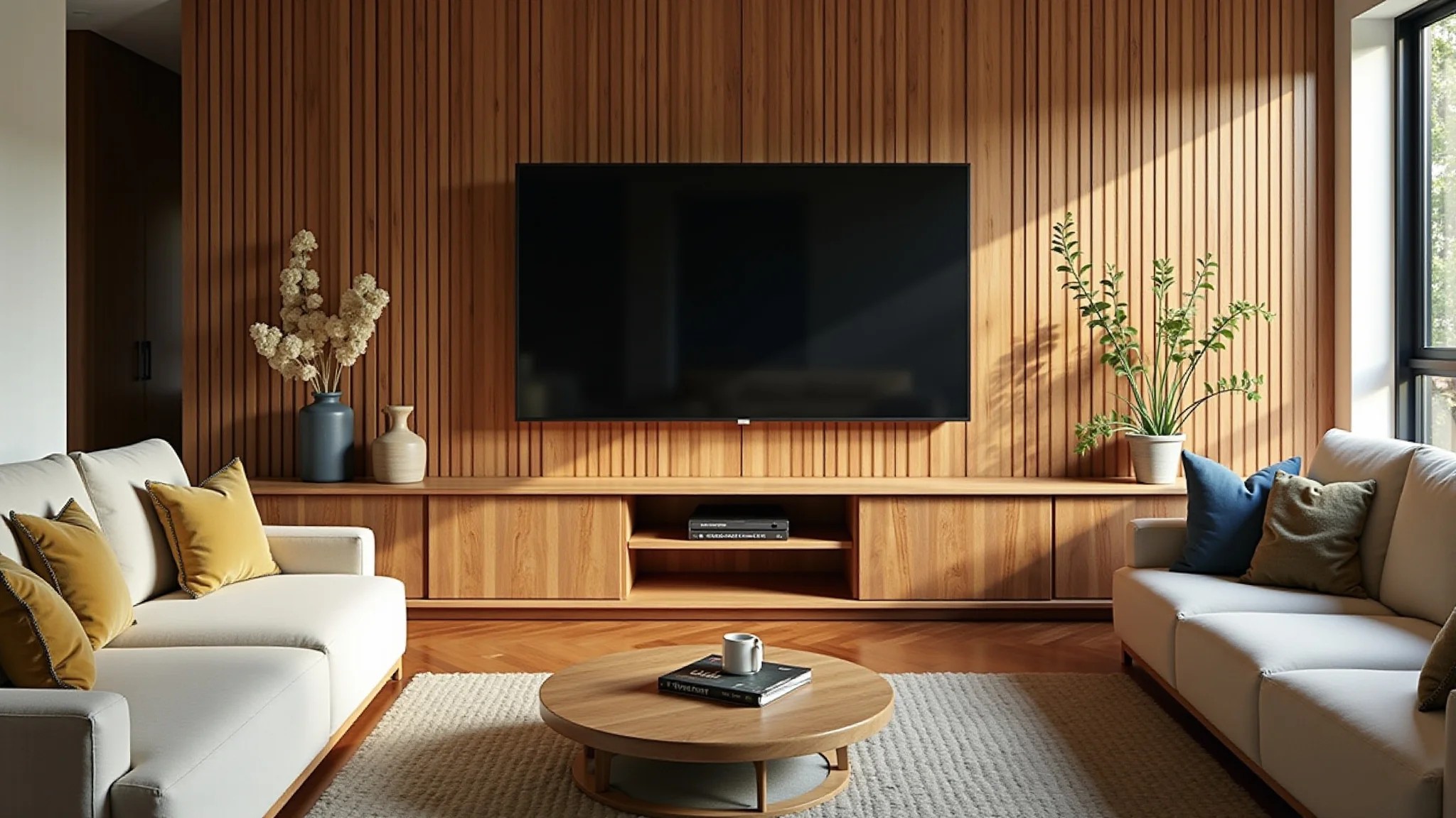 Sala com painel de TV ripado de madeira, ambiente rústico e aconchegante com estilo brasileiro.