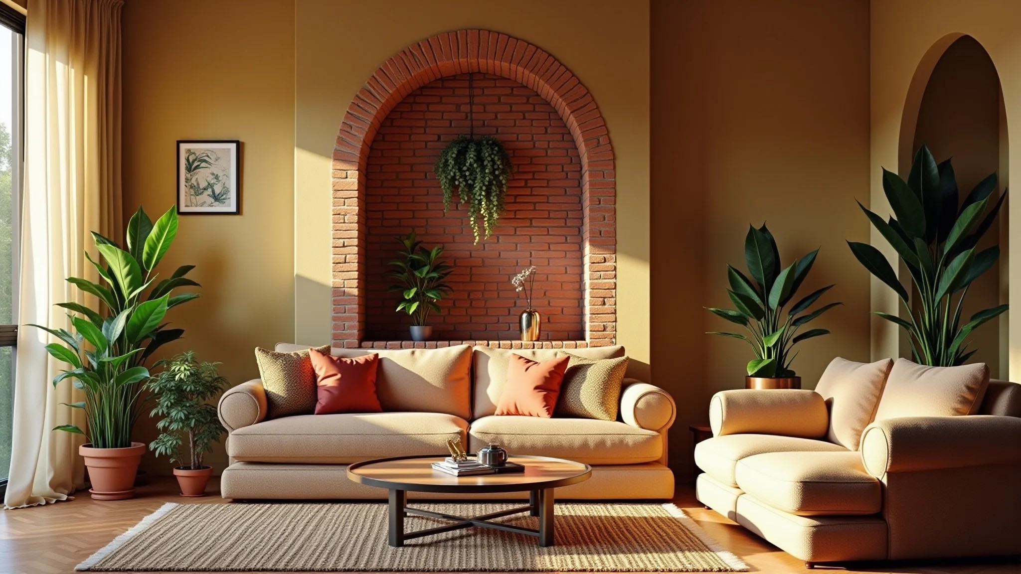 Sala com nicho de tijolinho, decoração brasileira e iluminação suave.