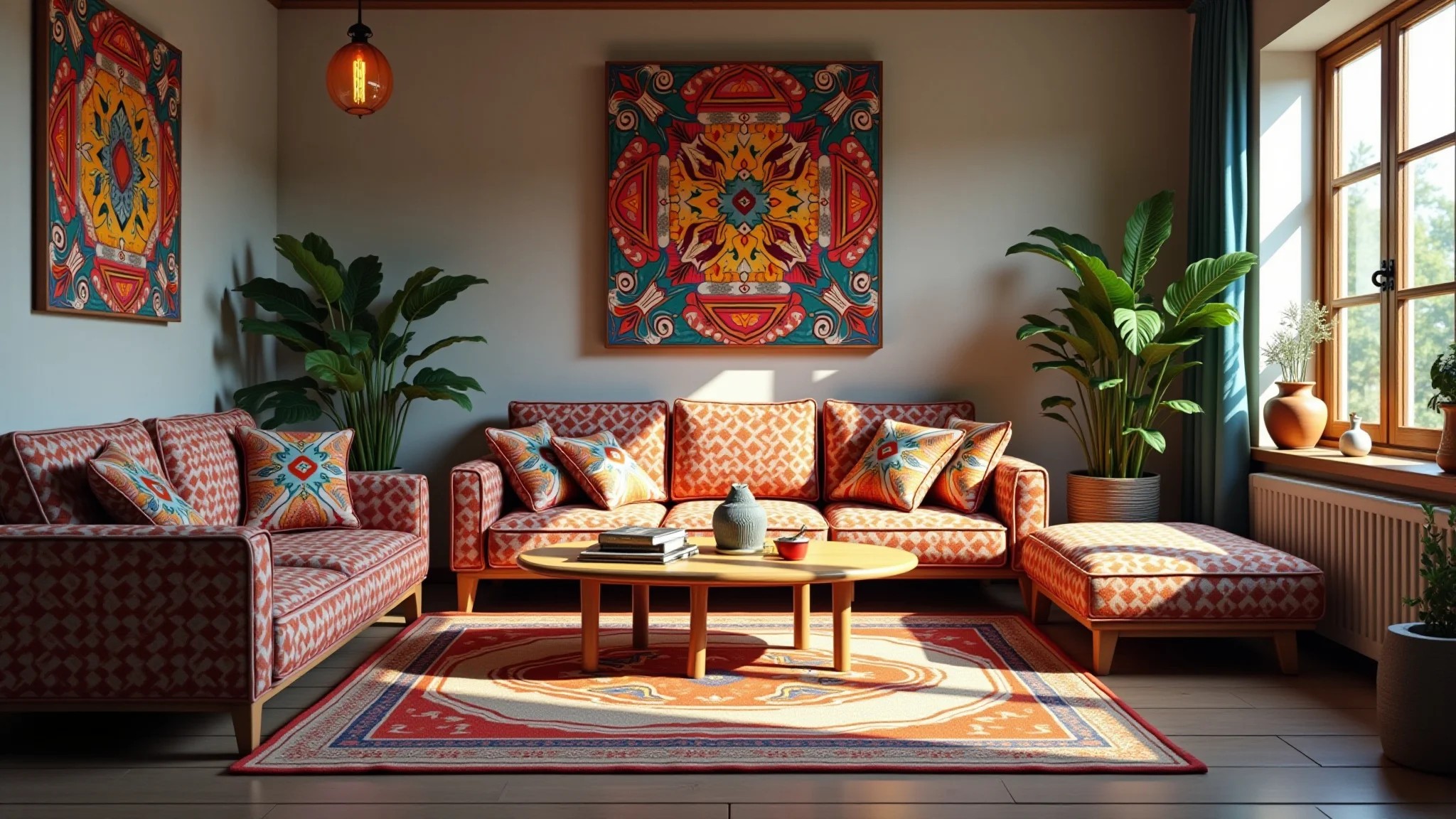 Sala com arte colorida, padrões étnicos, móveis de madeira e cores vibrantes.