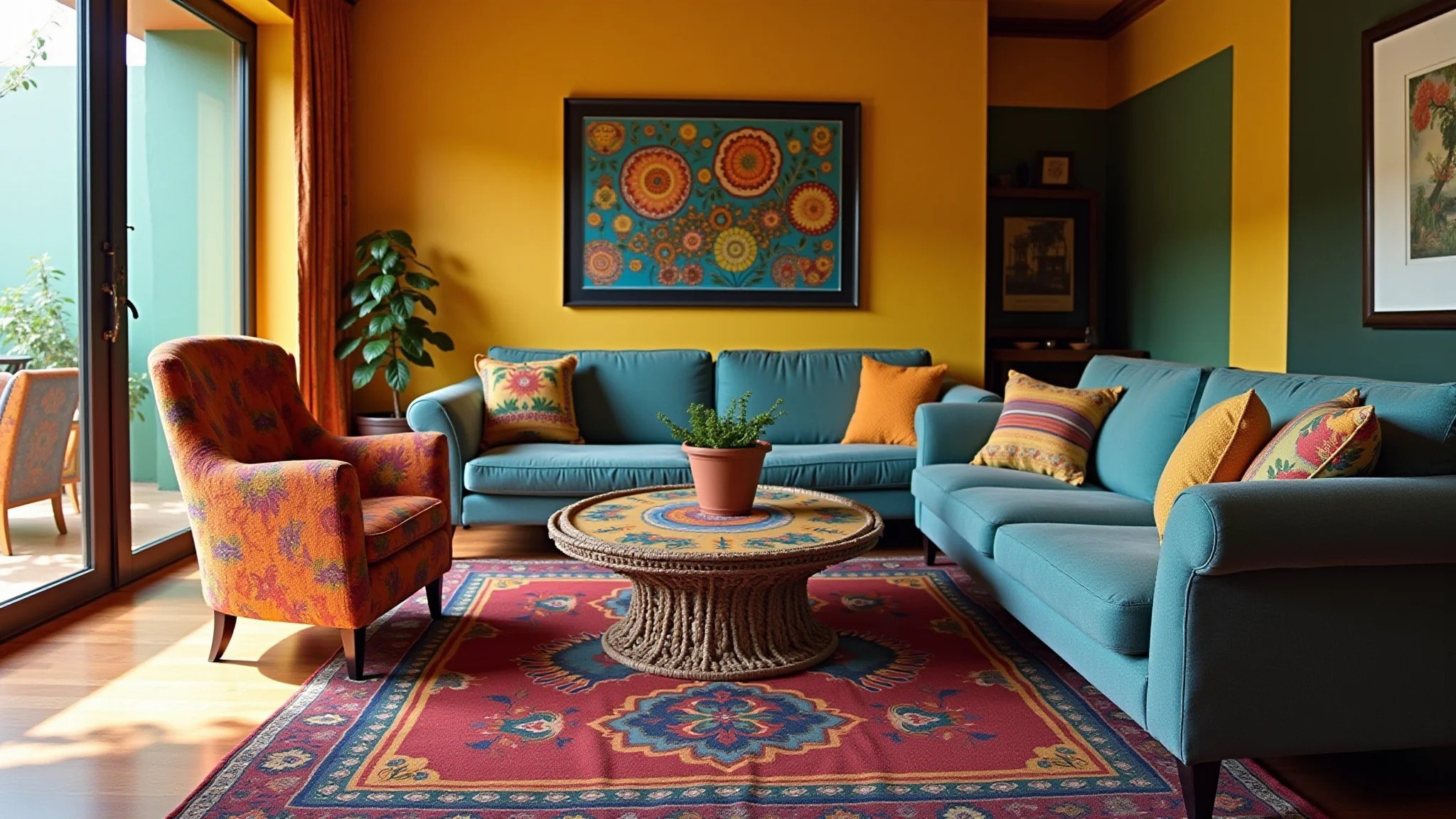 Sala de estar com cadeira decorativa colorida, estilo Farm Rio e arte brasileira.