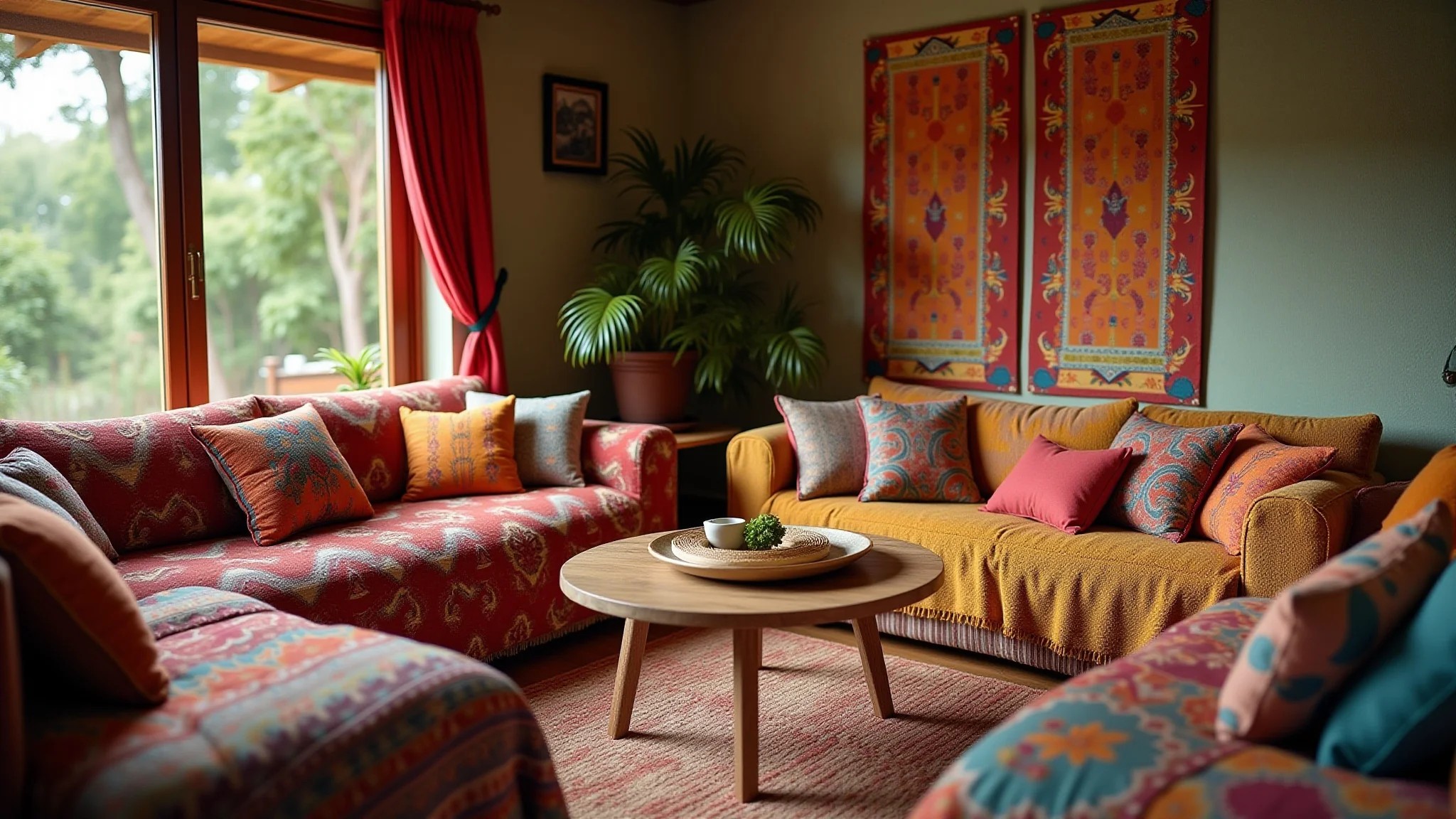 Sala com tecidos coloridos, mantas e almofadas, design brasileiro.