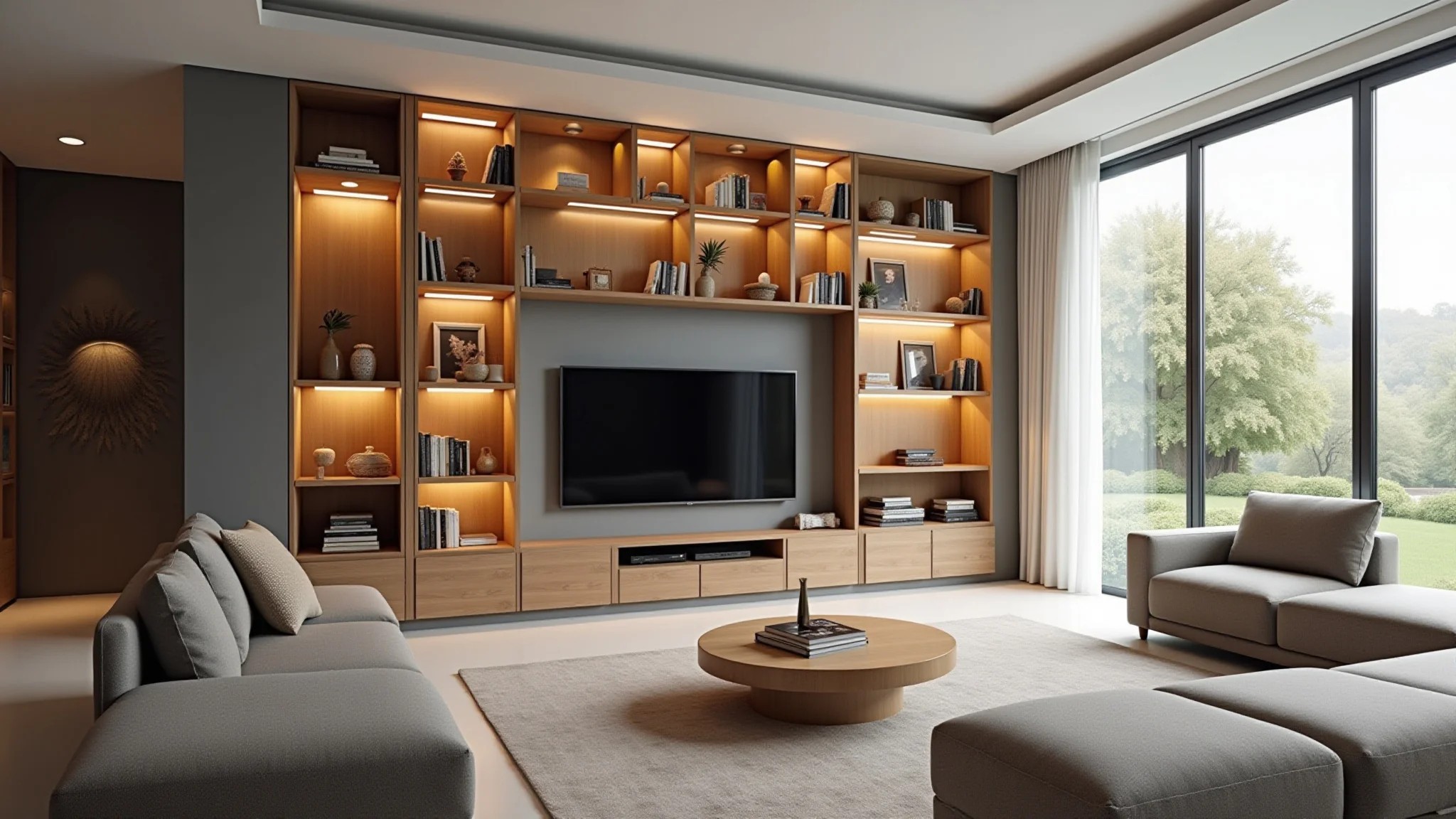 Sala de estar com nichos decorativos e objetos organizados.