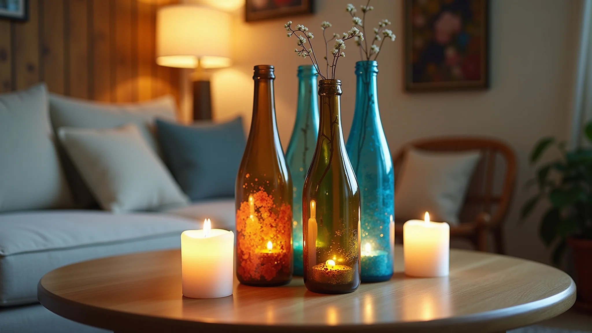 Sala decorada com vasos de garrafa e velas aromáticas, estilo brasileiro.