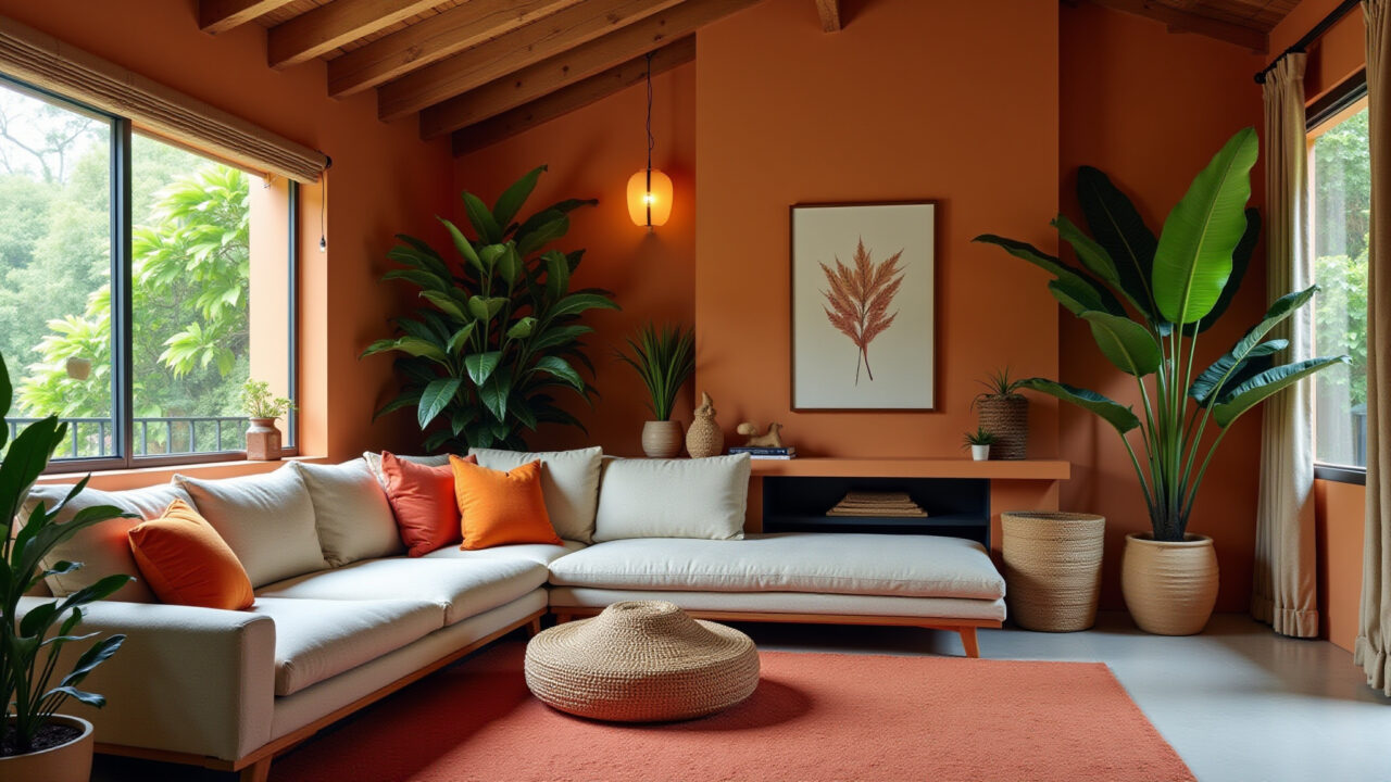 Sala com tons terrosos e plantas verdes.