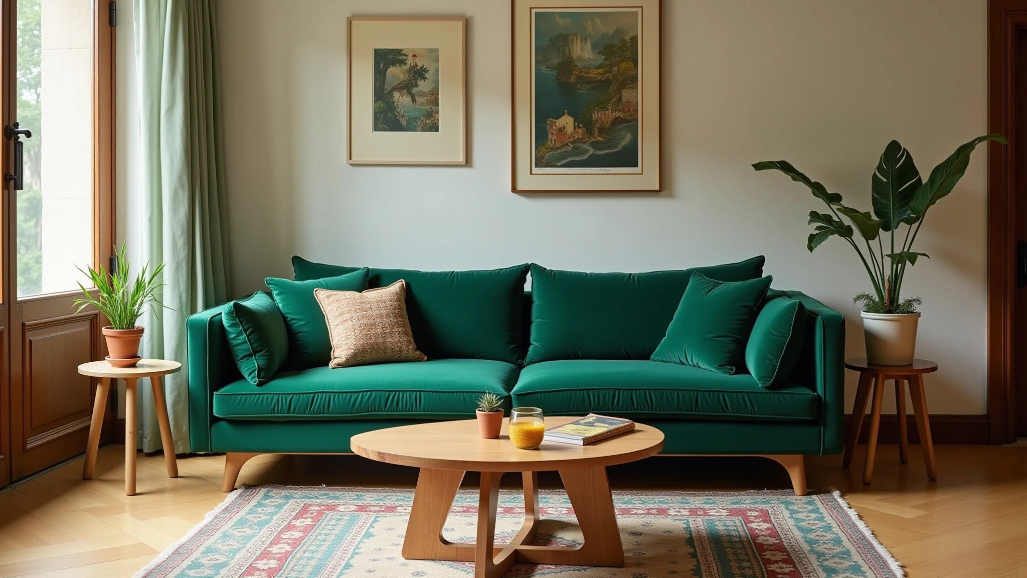 Sala com sofá verde esmeralda, mesa de centro de madeira e tapete estampado.