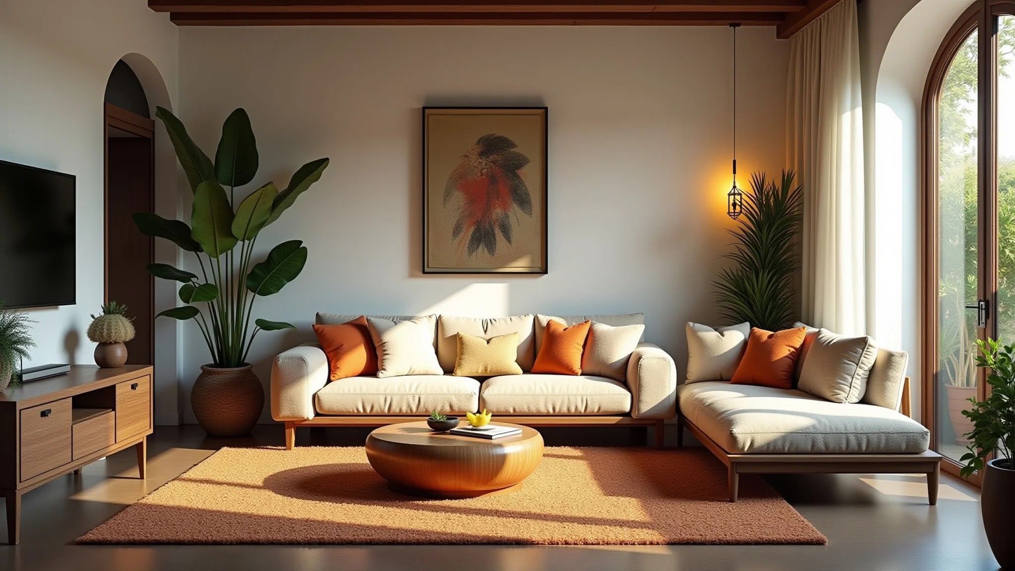 Sala de estar com Espada-de-São-Jorge, luz natural, estilo brasileiro e plantas.