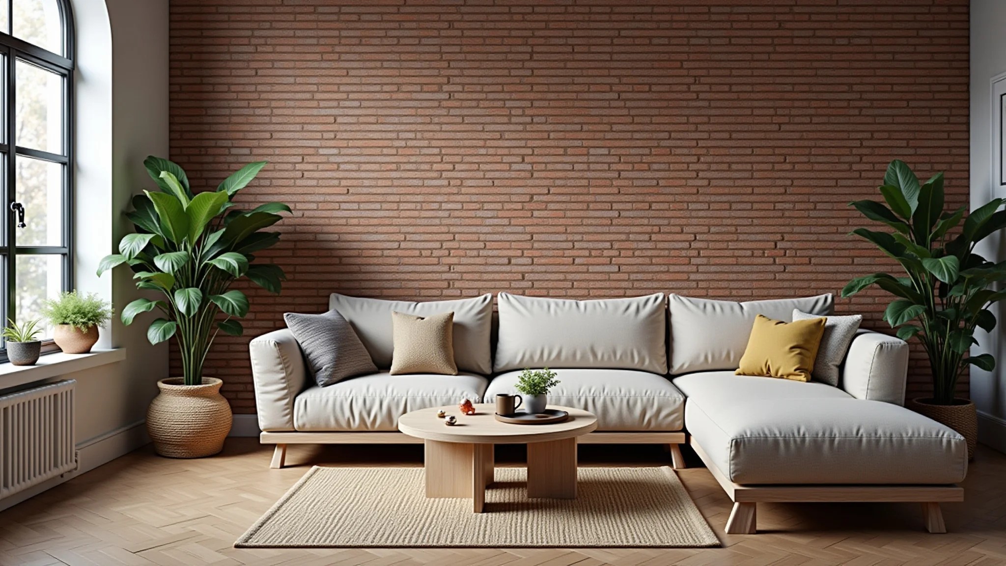 Sala de estar com parede de tijolos aparentes e decoração brasileira aconchegante.