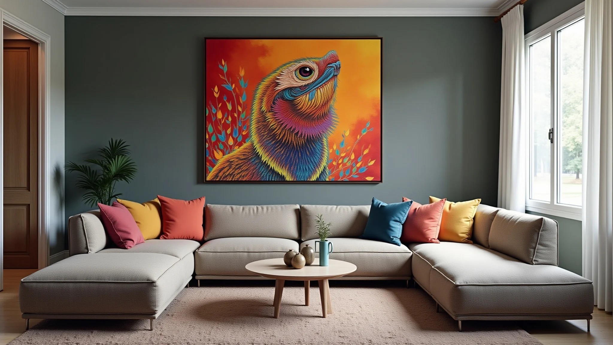 Sala com paredes cinzas, almofadas coloridas, arte vibrante, estilo brasileiro e luz natural.