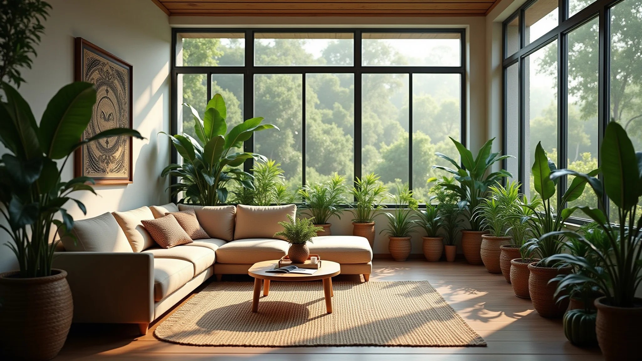 Sala de estar com plantas verdes, estilo brasileiro, luz natural e ambiente inspirado na natureza.