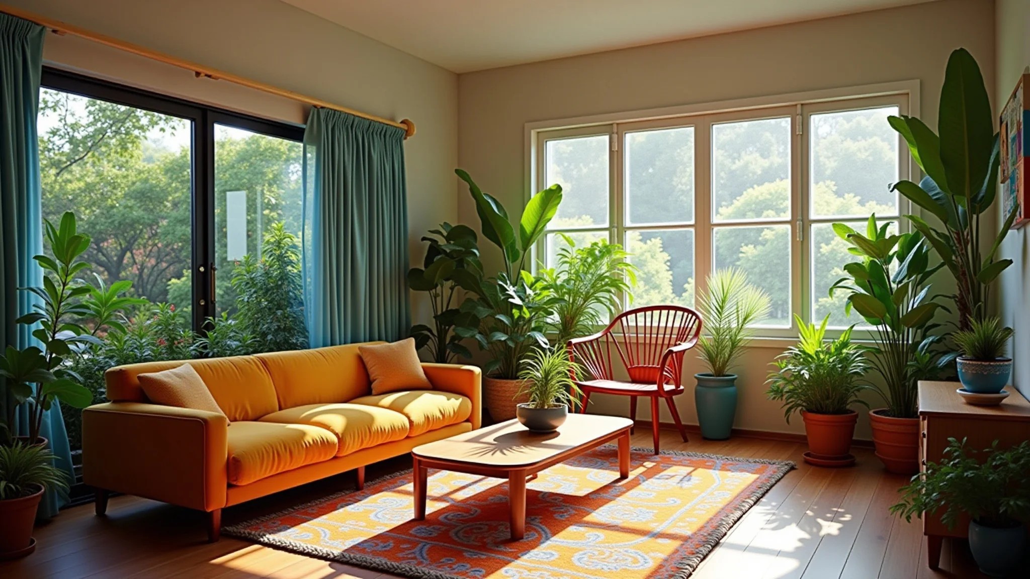 Sala de estar com plantas verdes, móveis coloridos e iluminação brilhante.