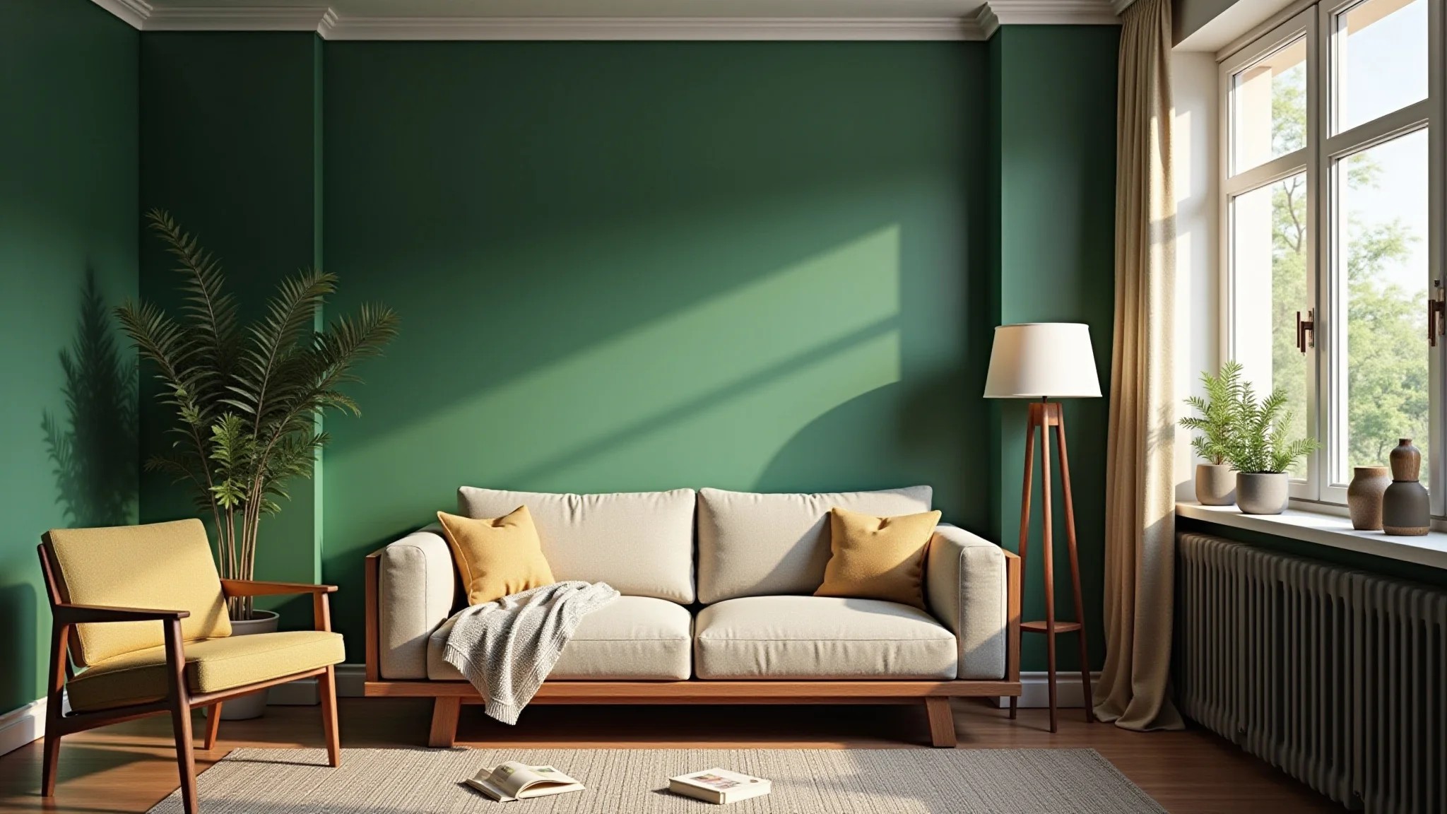 Sala de estar com paredes verdes, cantinho de leitura, luz natural e atmosfera aconchegante.