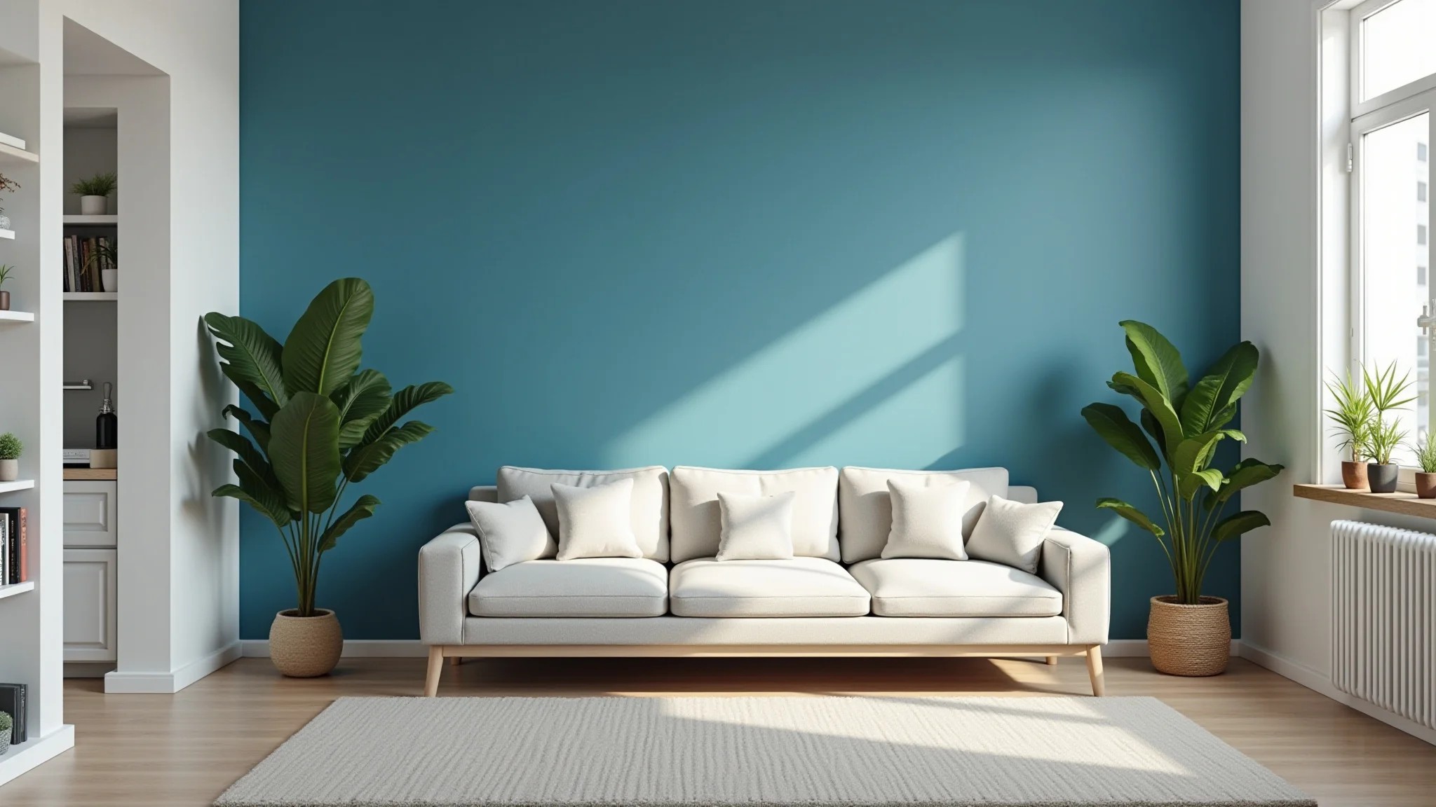 Sala com parede azul pintada até a metade, decoração minimalista, iluminação natural e plantas.