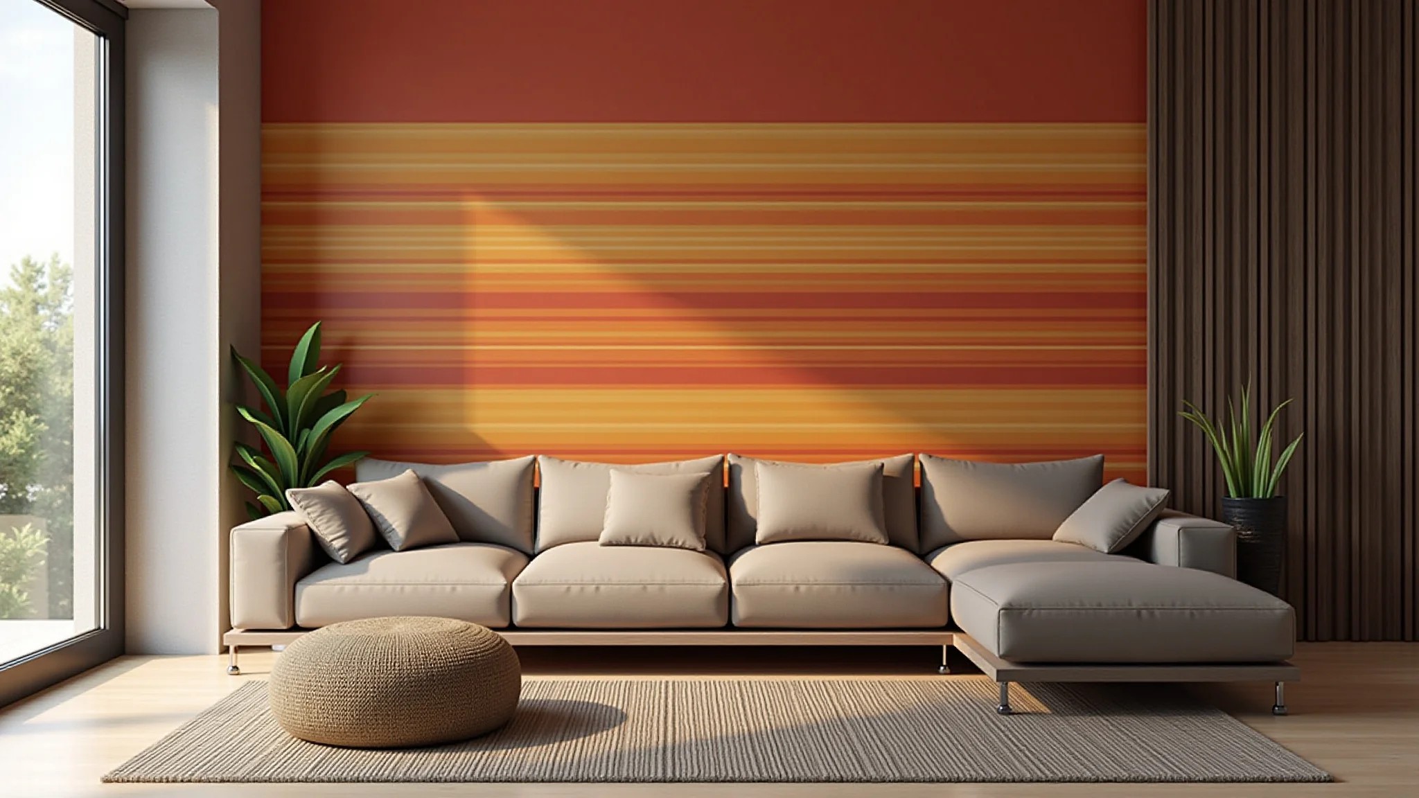 Sala com listras horizontais na parede, cores quentes, design brasileiro, alta qualidade.
