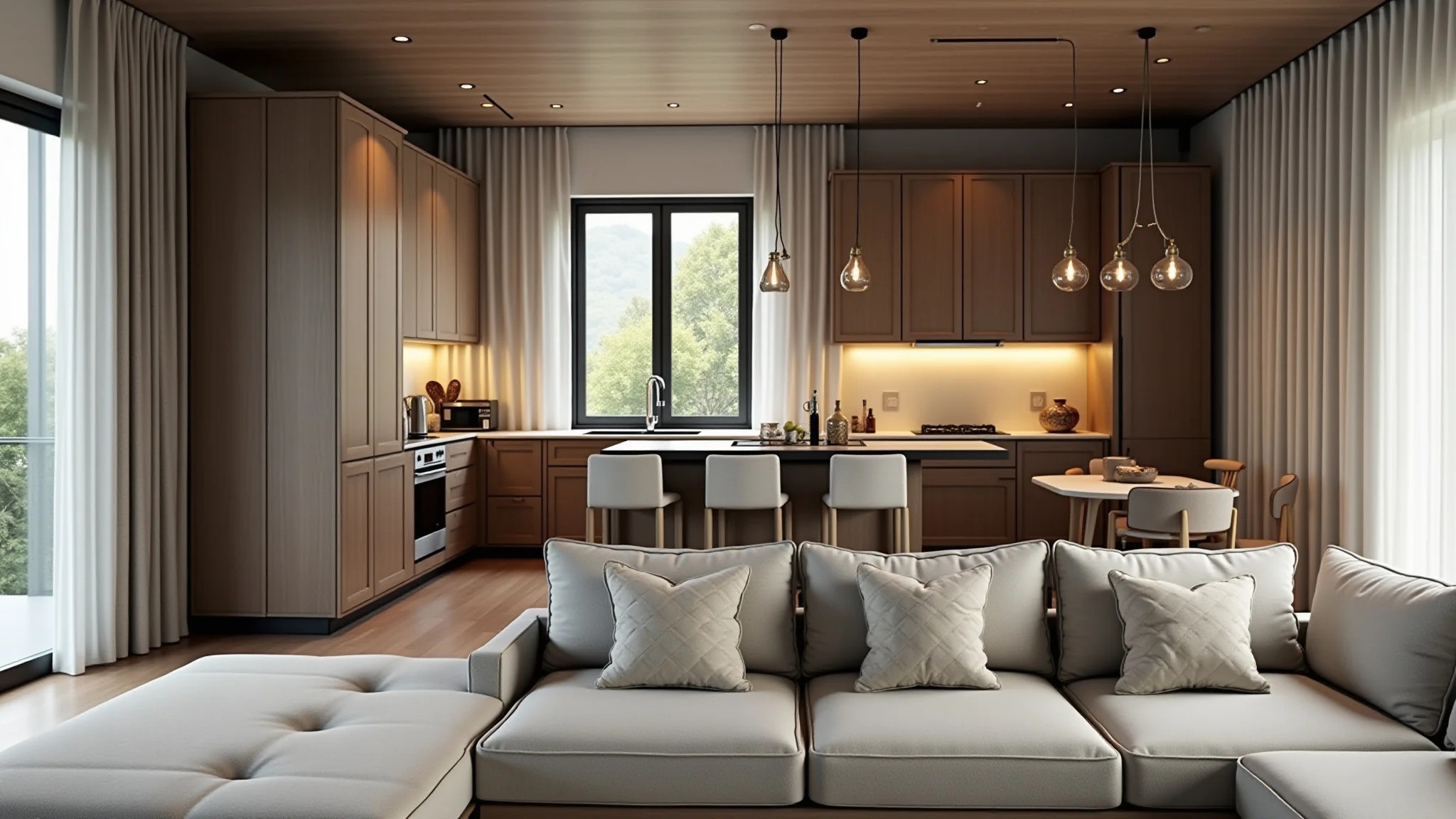 Sala integrada com cozinha, iluminação com pendentes e estilo brasileiro.