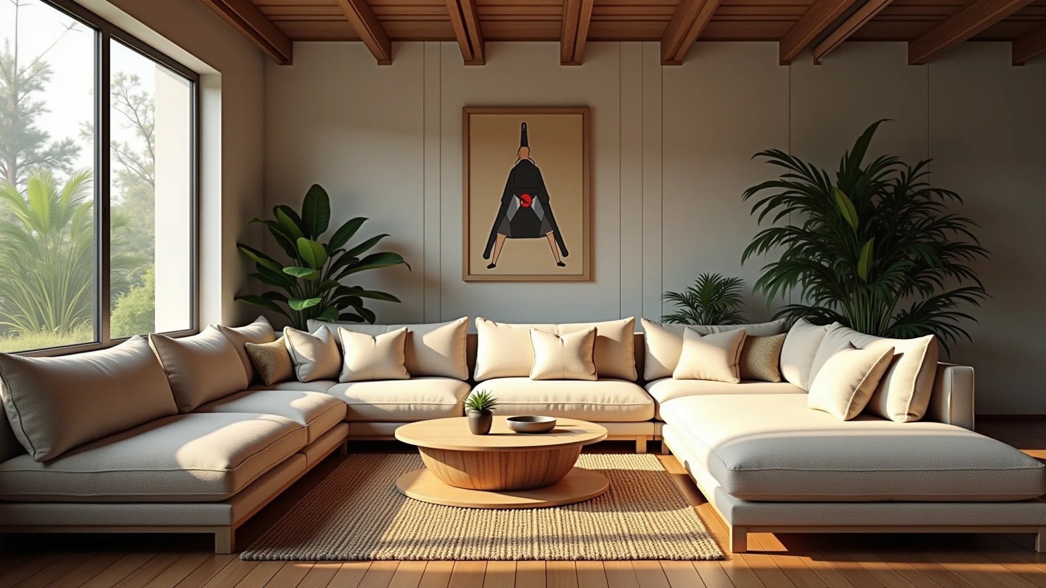 Sala de estar com Jiboia, luz natural, design brasileiro e plantas.