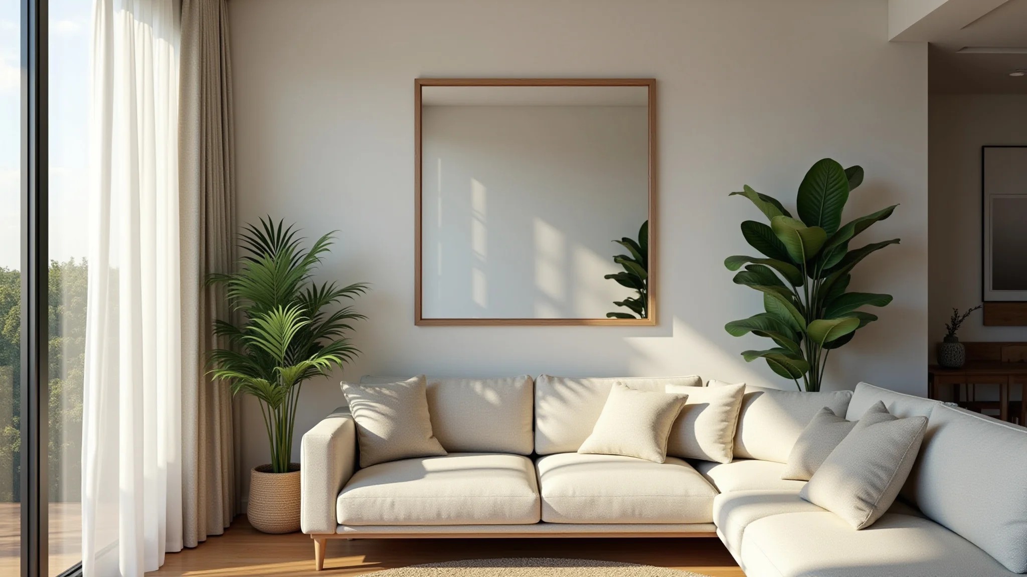 Sala de estar com espelho amplo refletindo espaço luminoso, design brasileiro e plantas.