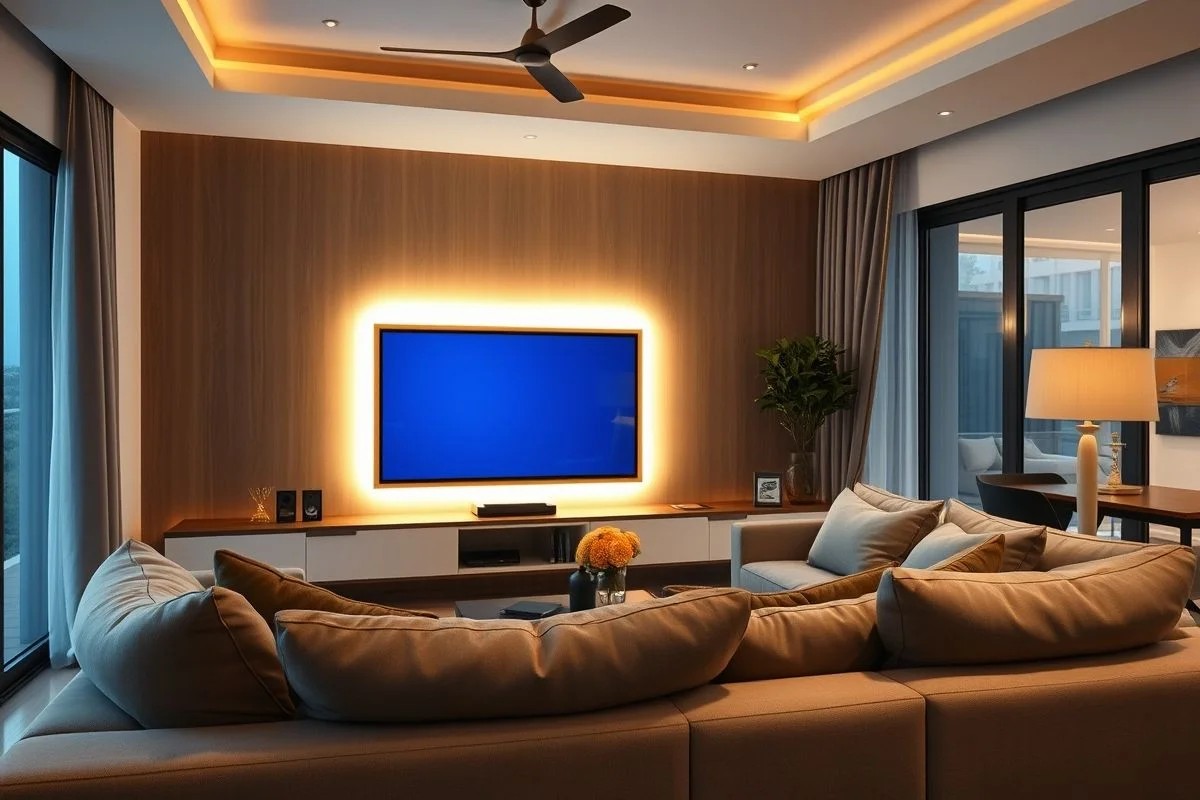 Fita de LED atrás da TV em sala de estar, iluminação suave e moderna.