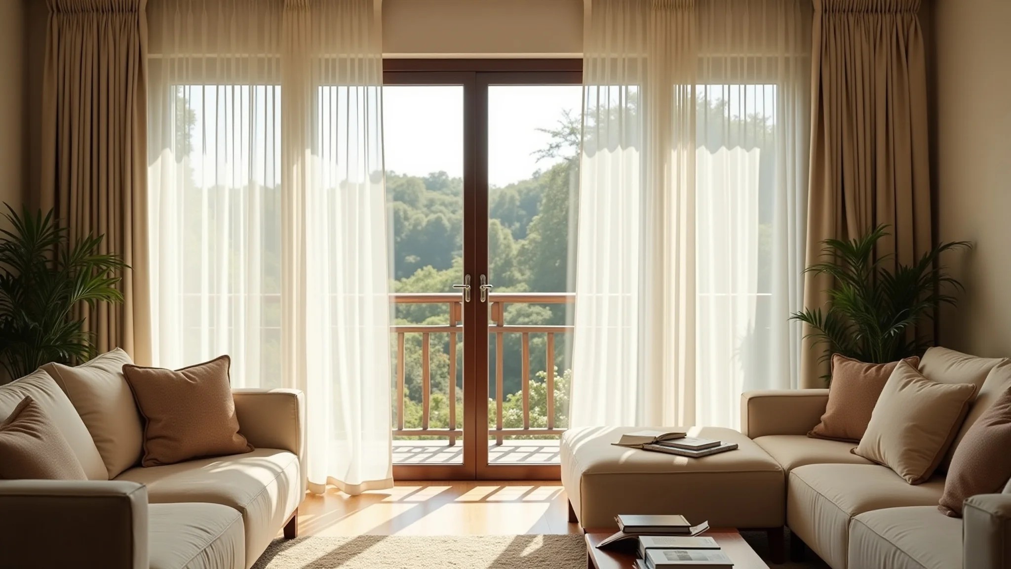 Sala de estar com cortinas leves e fluidas controlando a luminosidade.