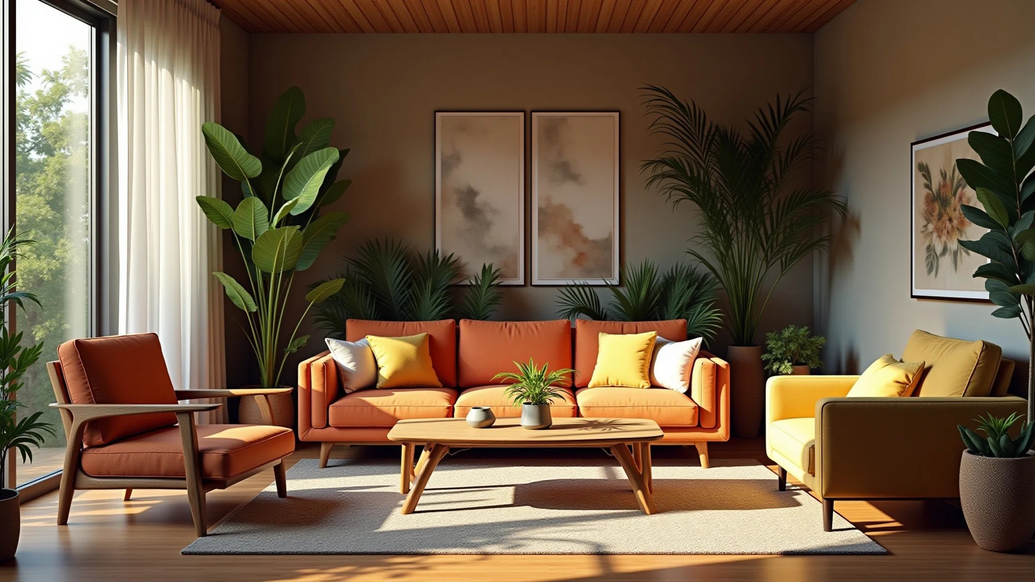 Sala de estar com Lírio-da-Paz, luz natural, estilo brasileiro e plantas.