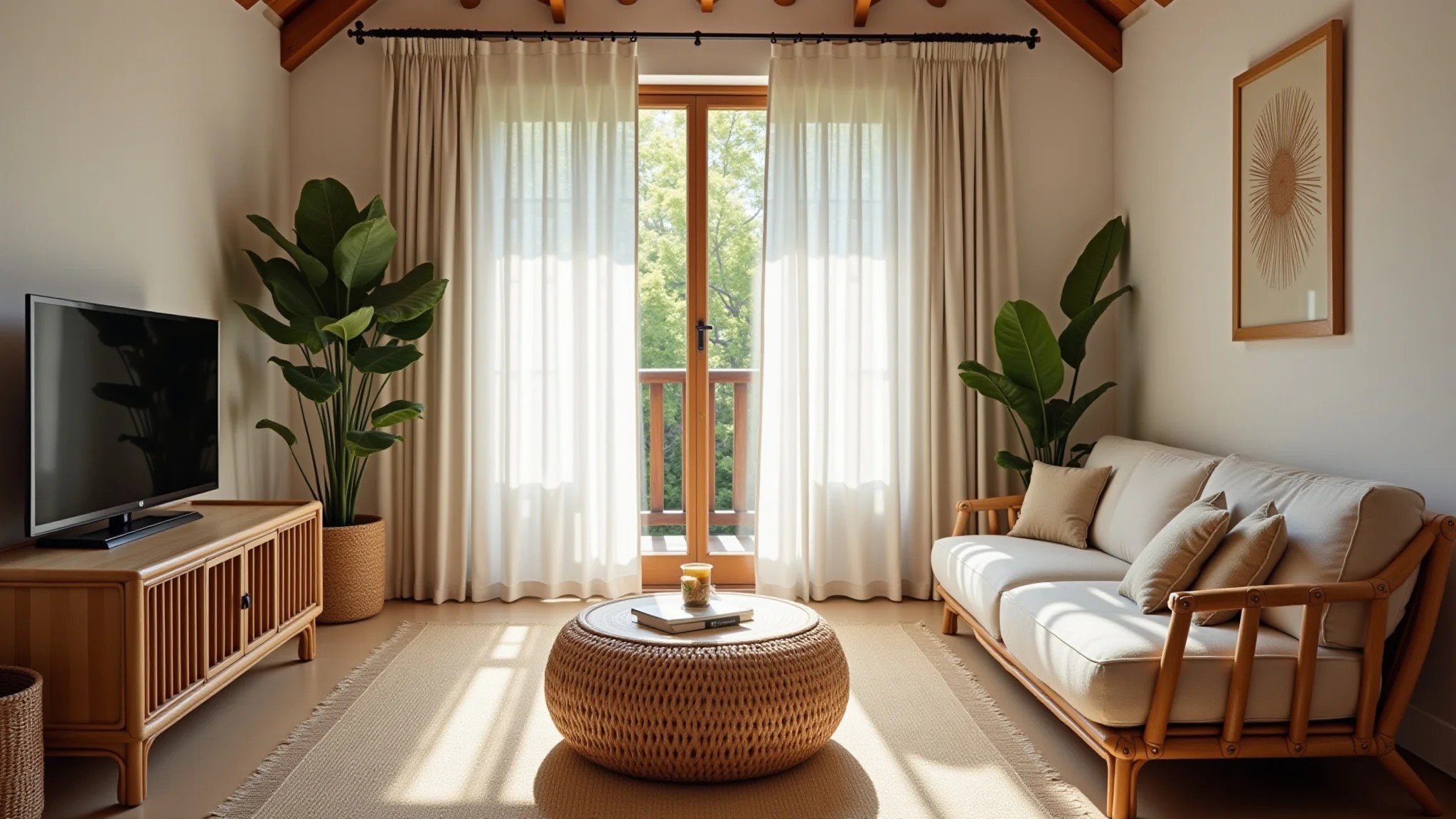 Sala de estar com materiais naturais, móveis de rattan e cortinas de linho.