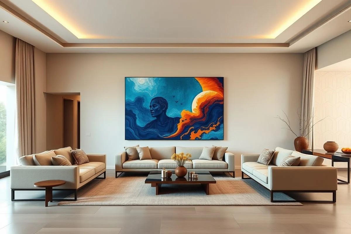 Sala neutra com quadro azul e detalhes em laranja criando contraste.