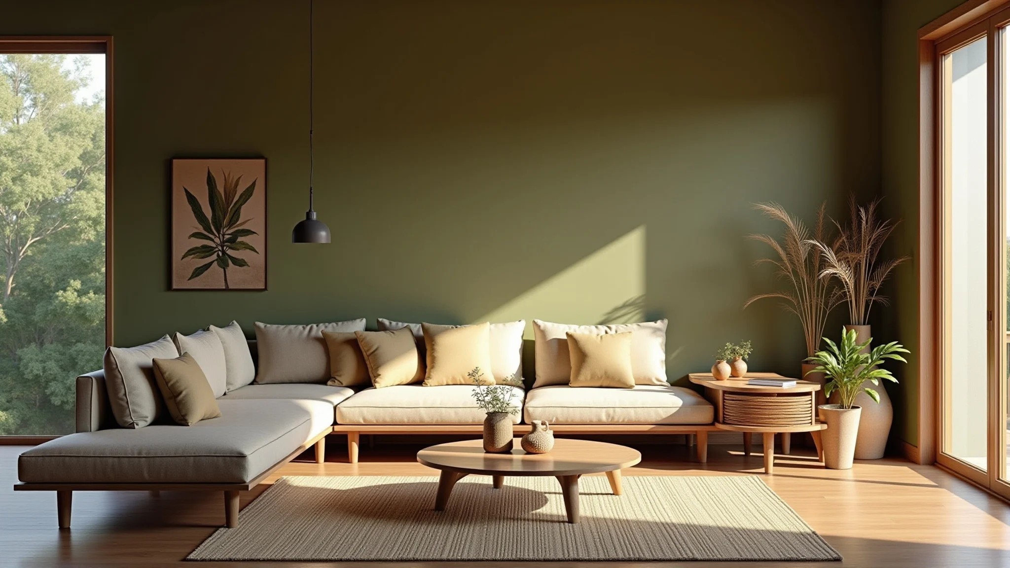 Sala de estar com paredes verde oliva, móveis de madeira e iluminação natural.