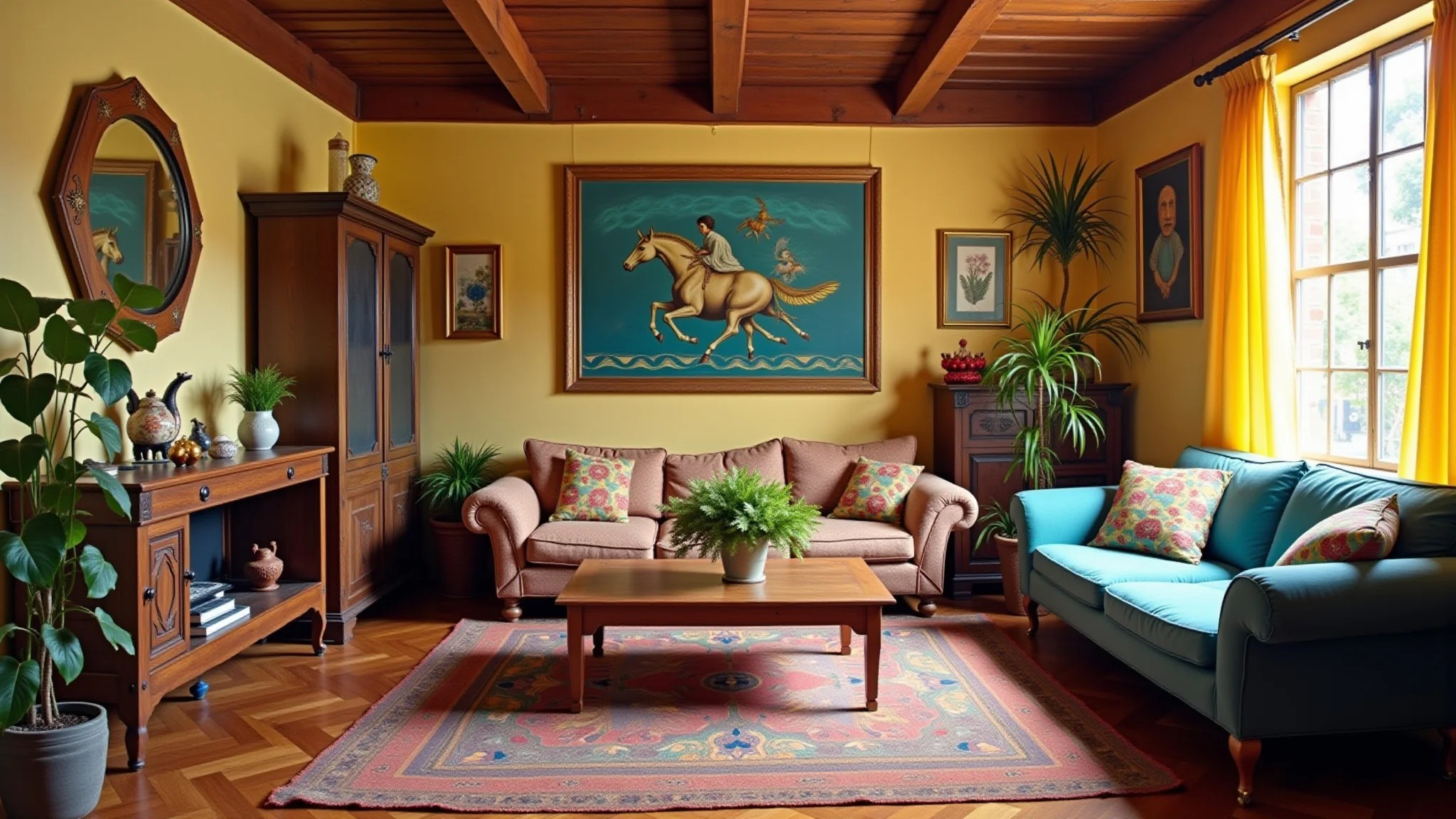 Sala com piso parquet, paredes coloridas e móveis vintage.