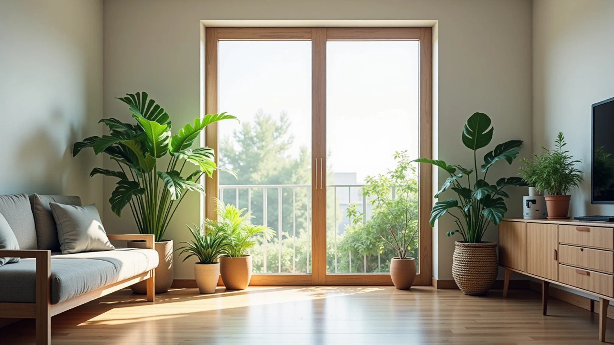 Sala de estar com plantas, luz natural, decoração minimalista e detalhes em madeira.