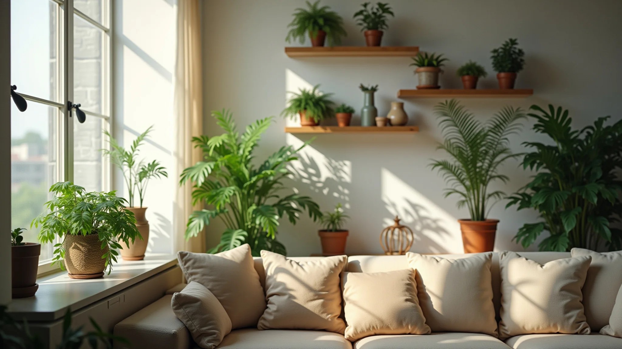 Sala de estar com plantas, luz natural e prateleiras de madeira.