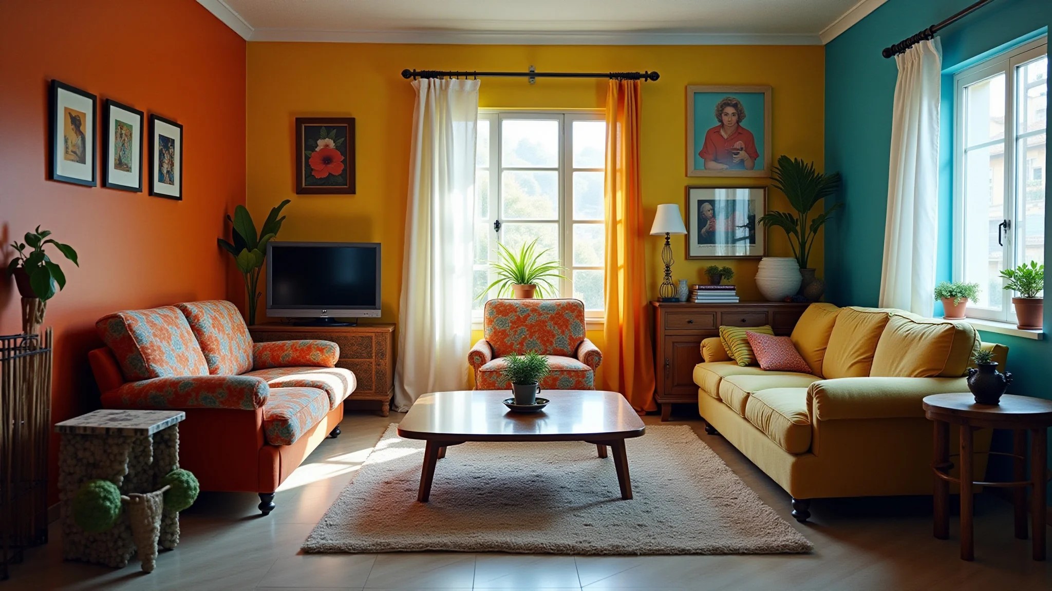 Sala com móveis reciclados, decoração DIY e paredes coloridas.