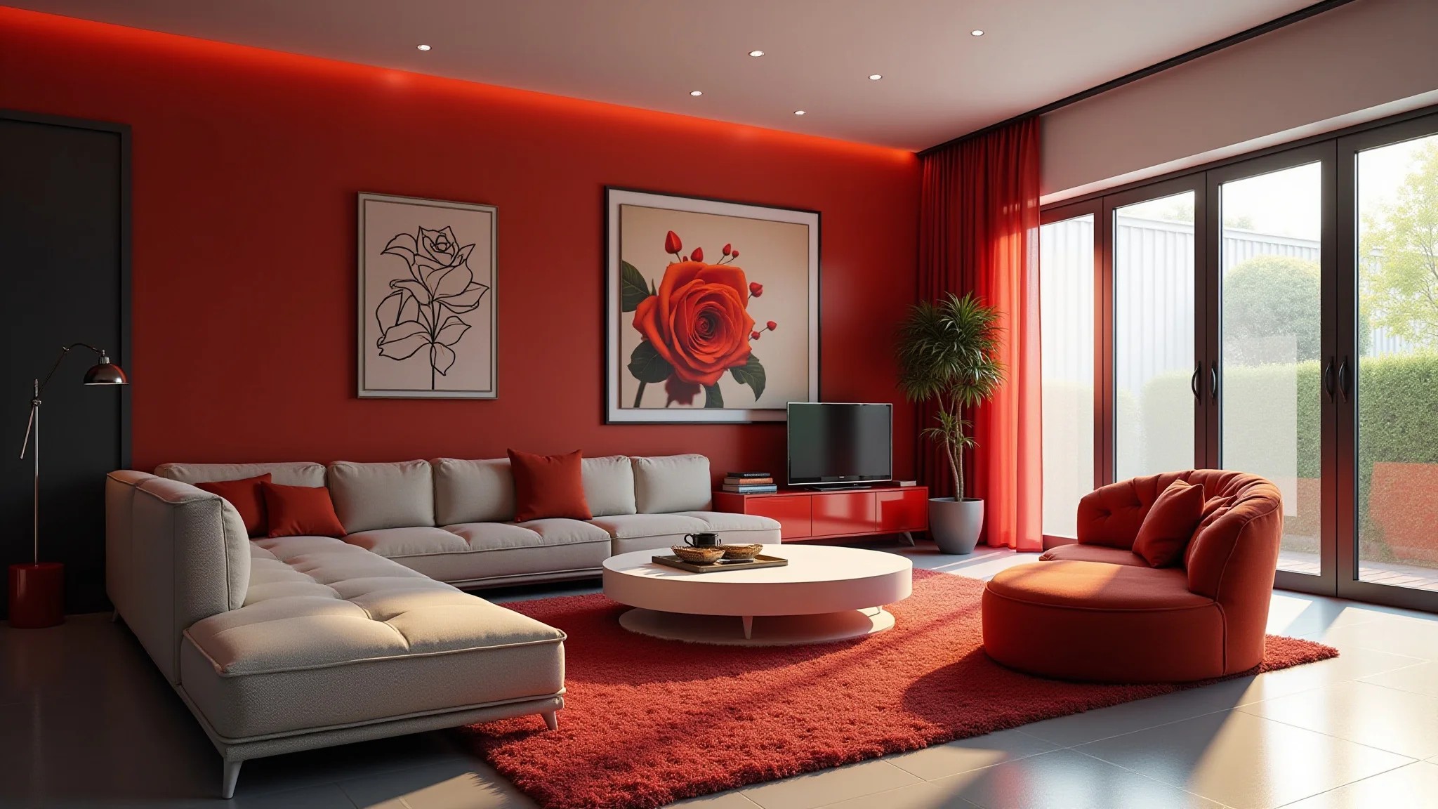 Sala de estar com detalhes vermelhos, estilo brasileiro, cores vibrantes e toque moderno e artístico.