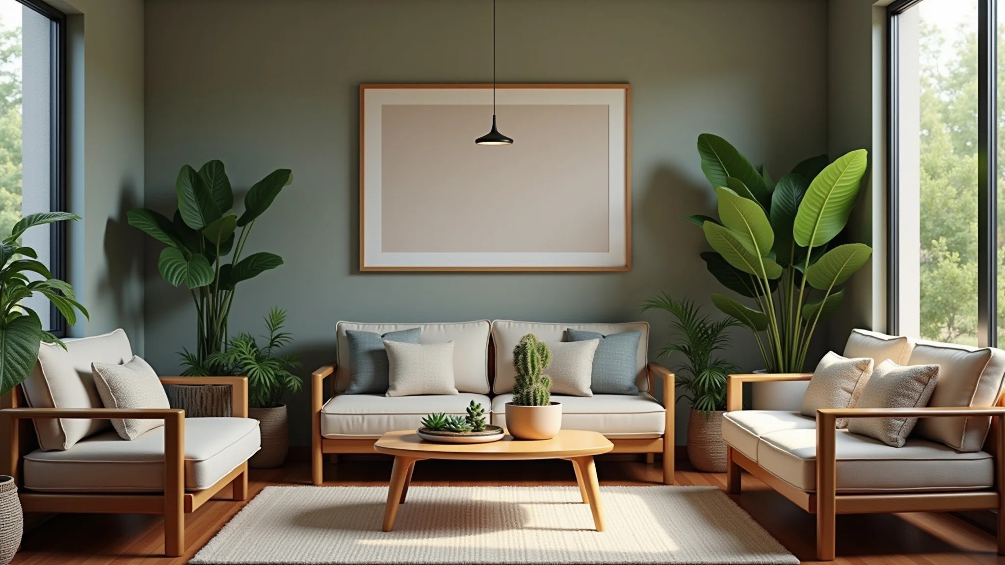 Sala de estar com suculentas e cactos, design brasileiro e plantas.
