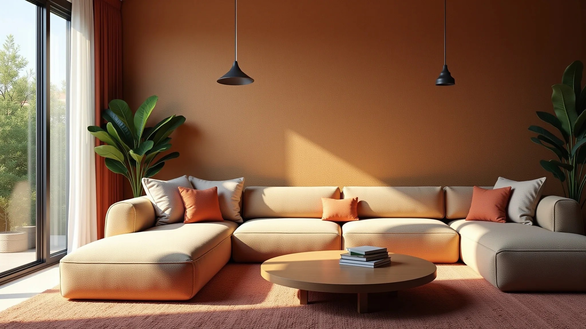 Sala de estar com parede texturizada, luz natural e decoração brasileira vibrante.