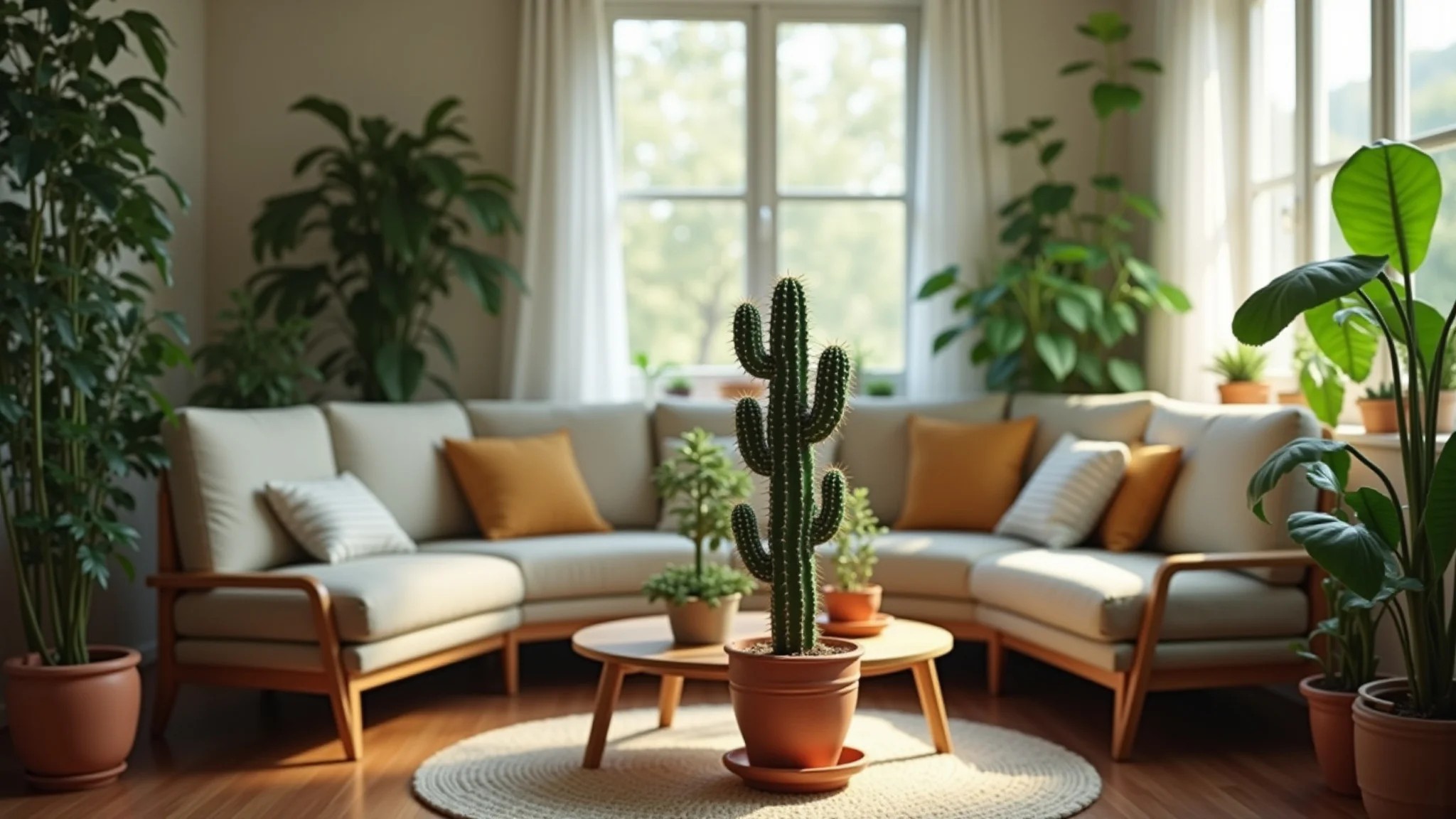 Sala de estar decorada com plantas, móveis de madeira e iluminação natural.
