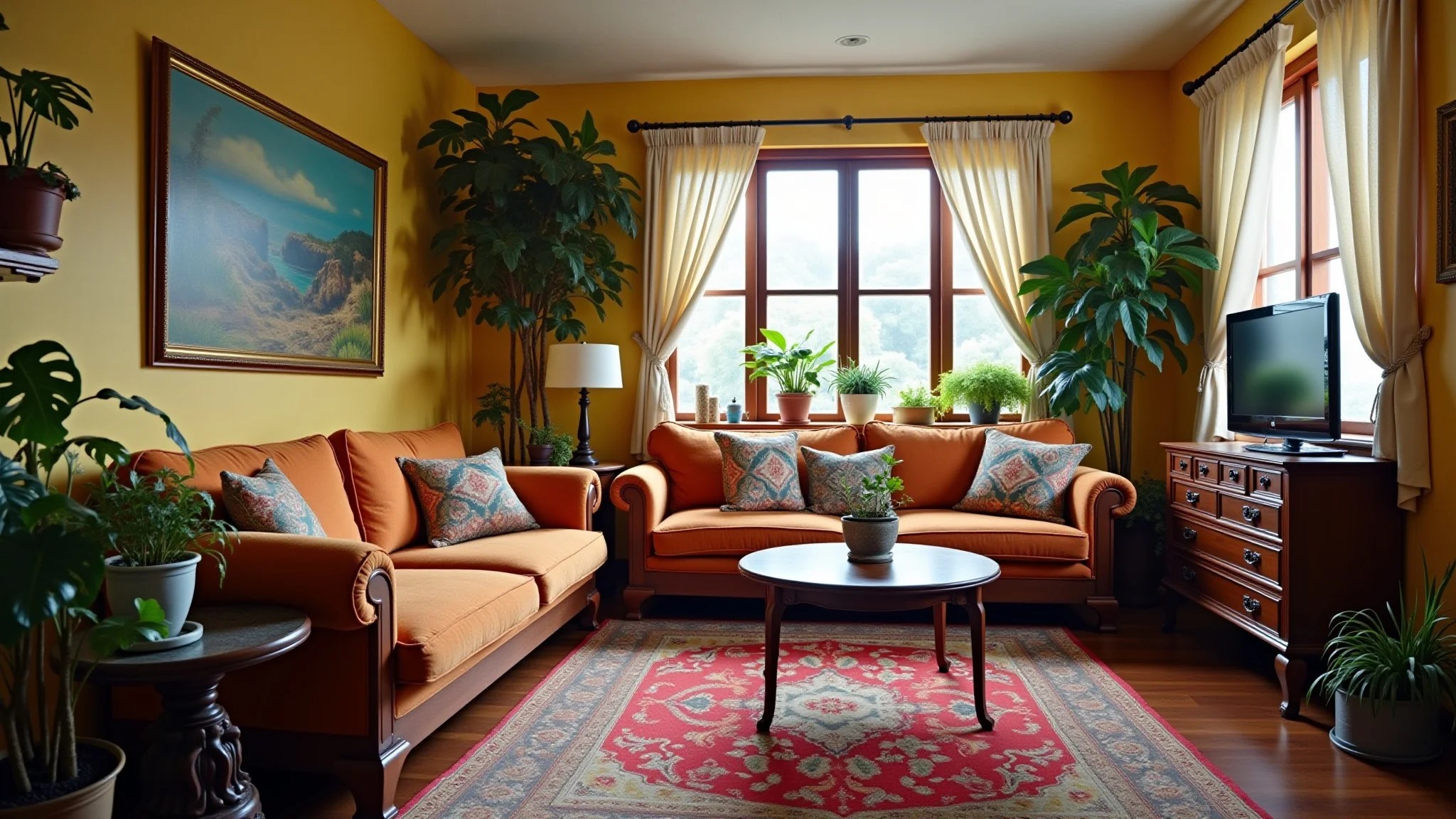 Sala com móveis vintage, detalhes coloridos, plantas e luz natural.