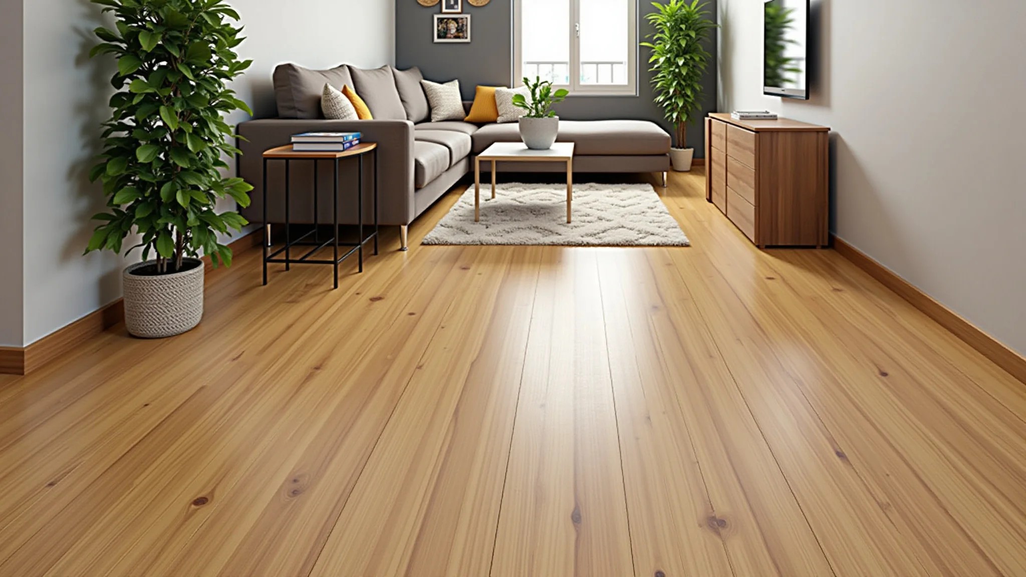 Sala de estar com piso de madeira aconchegante, design brasileiro e iluminação natural.