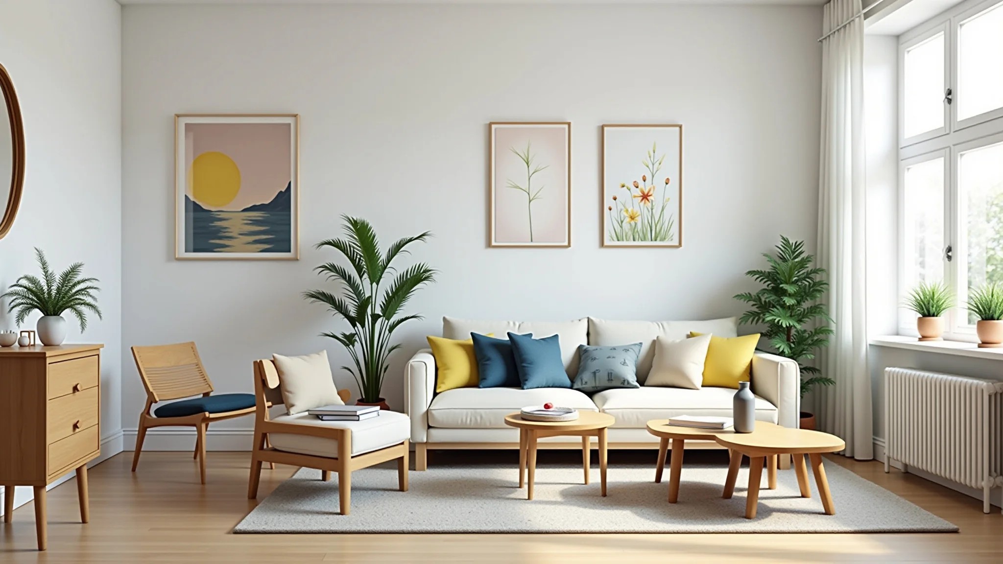 Sala com paredes brancas, objetos decorativos coloridos, móveis de madeira e plantas.