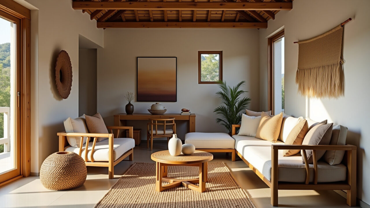 Sala com móveis de madeira e detalhes em bambu.