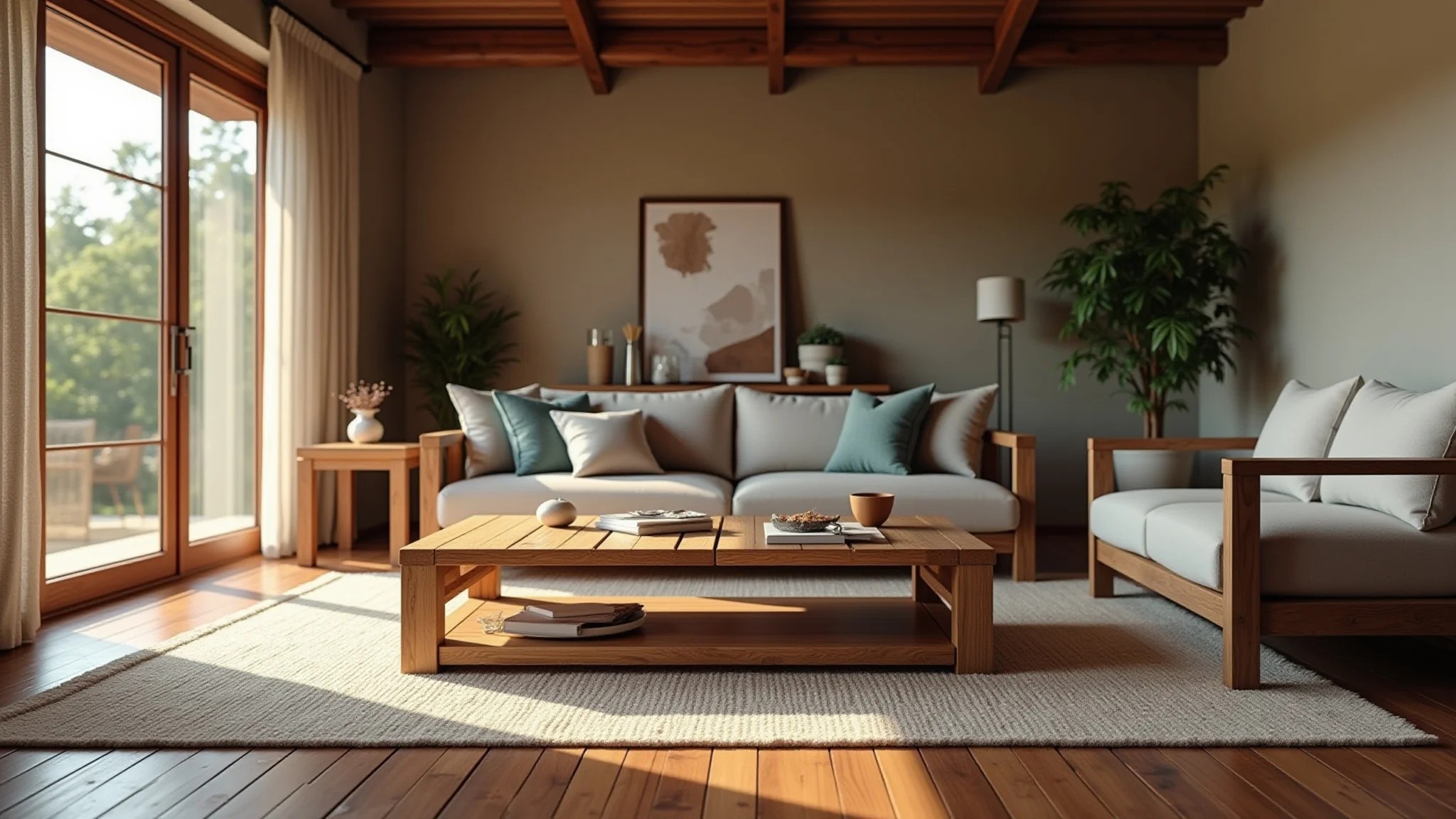 Sala de estar com móveis de madeira em estilo rústico e elegante.